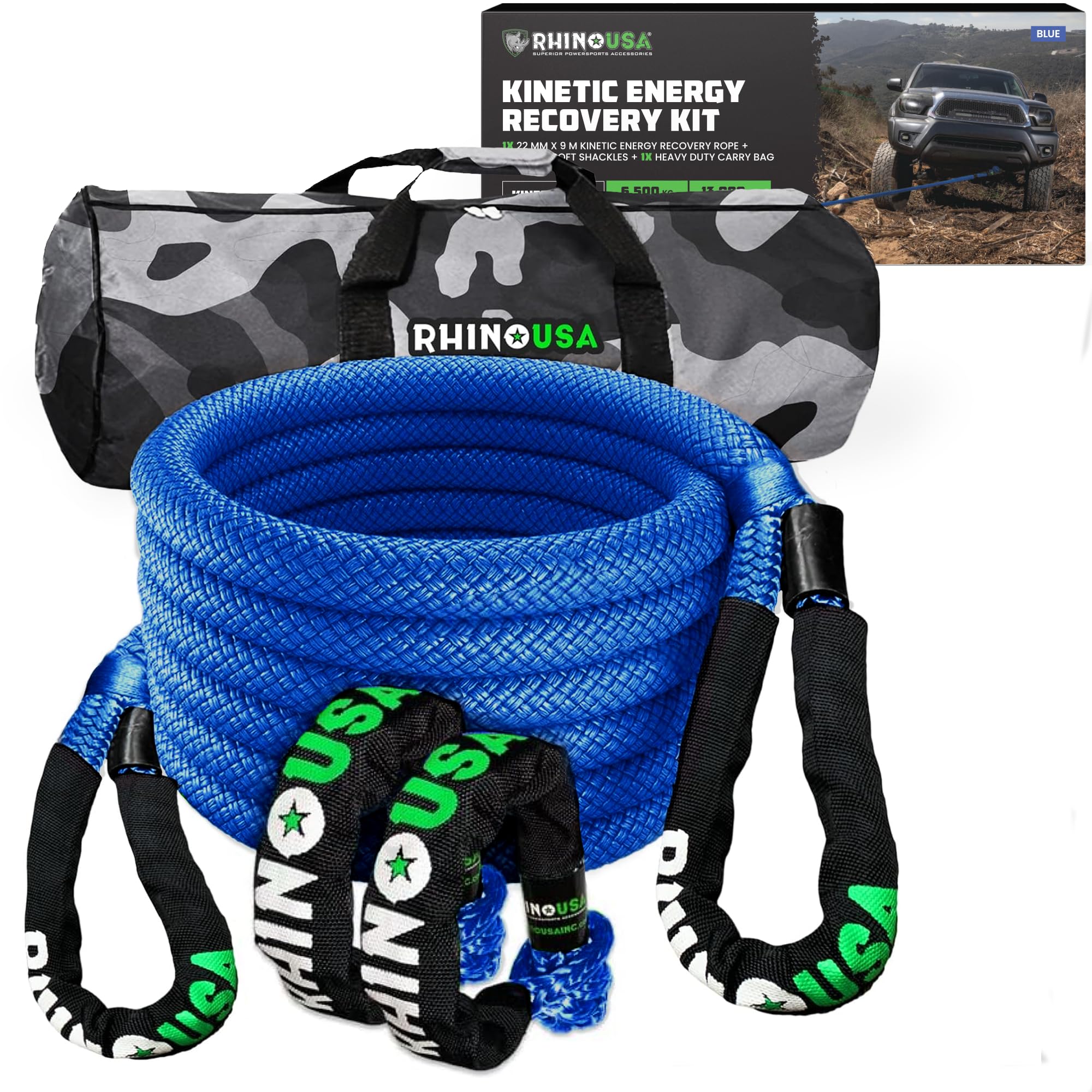 Rhino USA Kinetic Rope Recovery Kit (7/8in x 30ft) - Heavy Duty Offroad Snatch Strap - Includes 2 Soft Shackle for UTV, ATV, Truck, Car, Jeep, Tractor