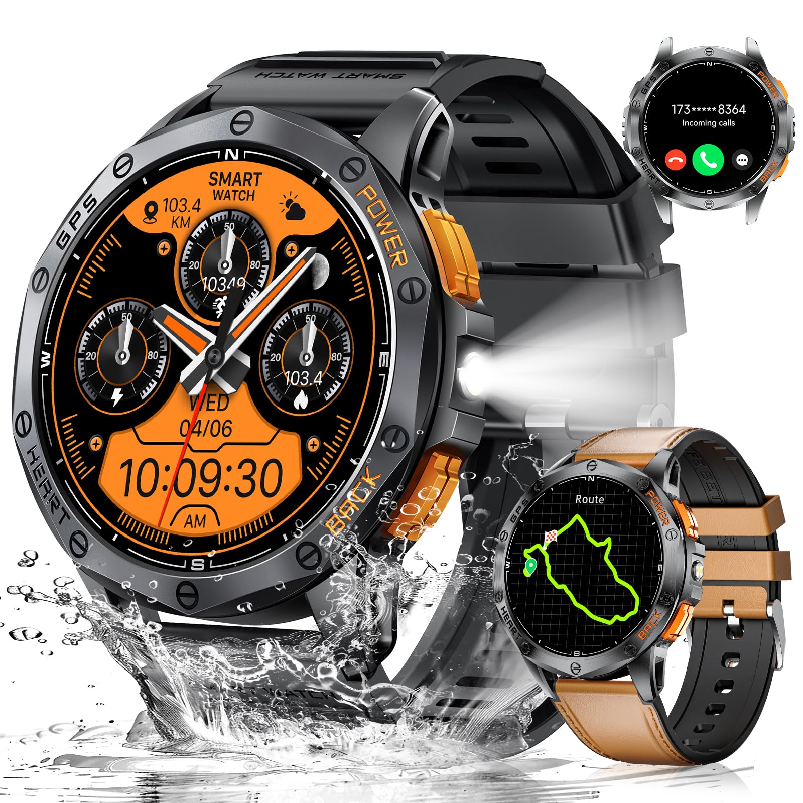LIGE GPS Military Smart Watch for Men (Answer/Make Calls), 100+ Sports Modes Fitness Smart Watch, LED Flashlight/Compass/45 Days Battery/IP68 Waterproof 1.43'' AMOLED Smartwatch for Android iOS