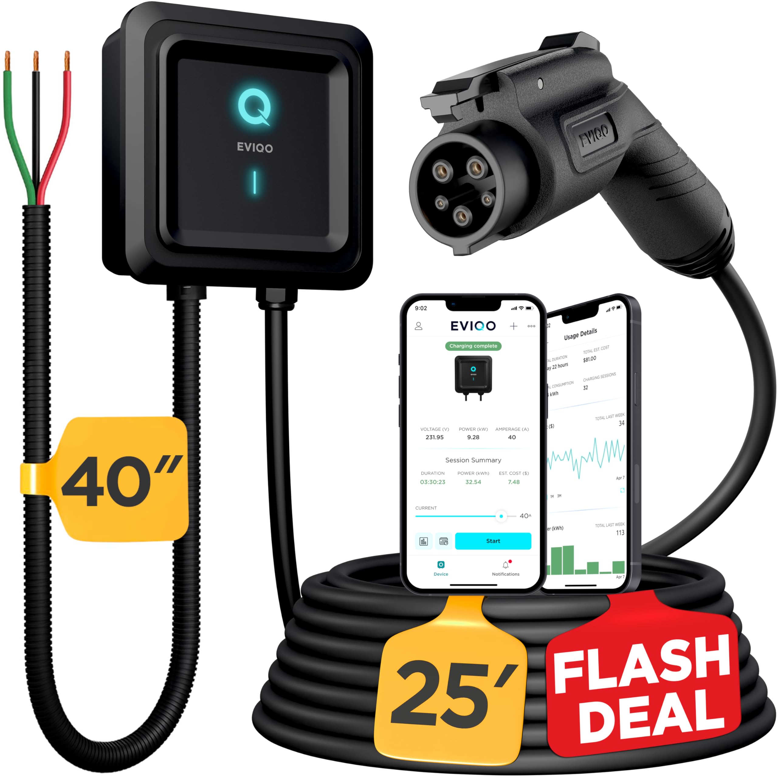 EVIQO EV Charger Level 2-48 Amp Level 2 EV Charger Hardwired, 240V Electric Vehicle Charging Stations, J1772 Chargers 11.5kW, Wall EV Chargers for Home Level 2, EVSE EV Charging Station 25' Cord