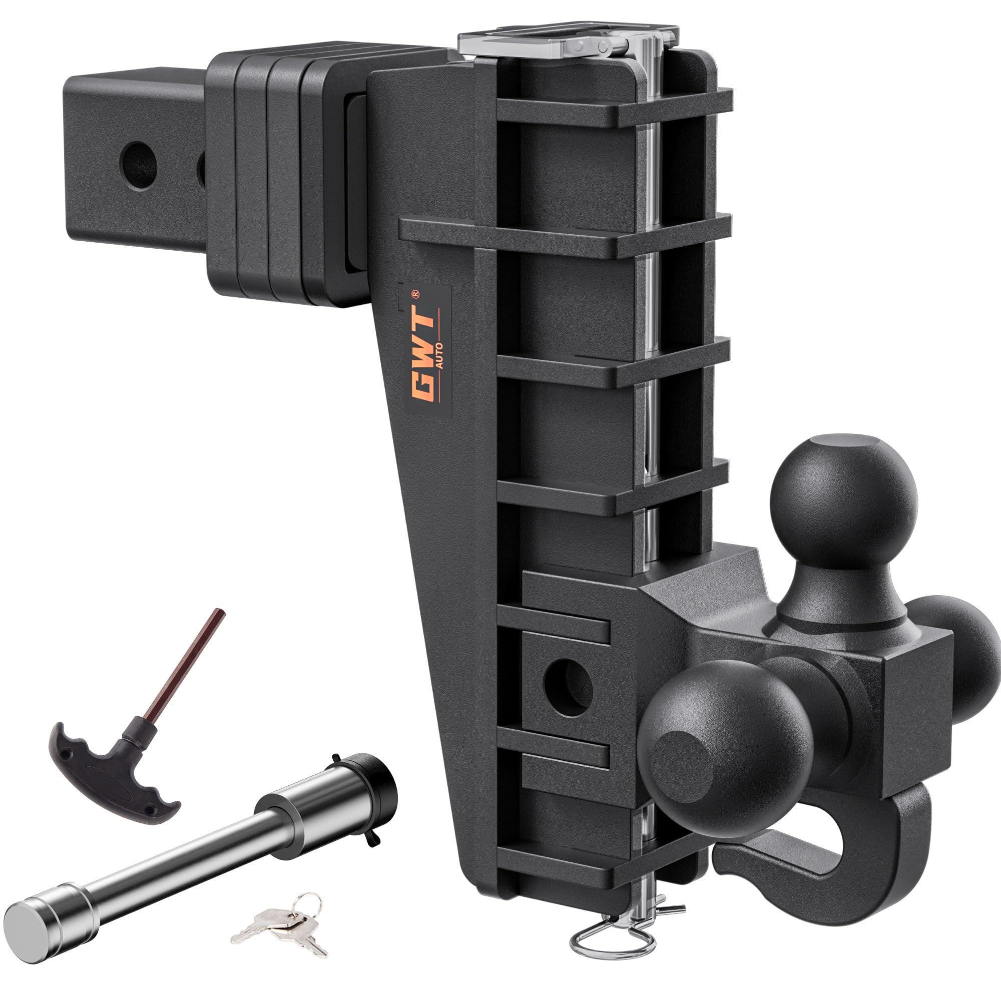 Adjustable Trailer Hitch with Hook, Tri-Ball (1-7/8" x 2" x 2-5/16") Drop Hitch, Fits 2.5-Inch Receiver, 8 Inch Drop Hitch, 18500 LBS GTW-Class 3 Tow Hitch for Heavy Duty Truck, Black, Solid