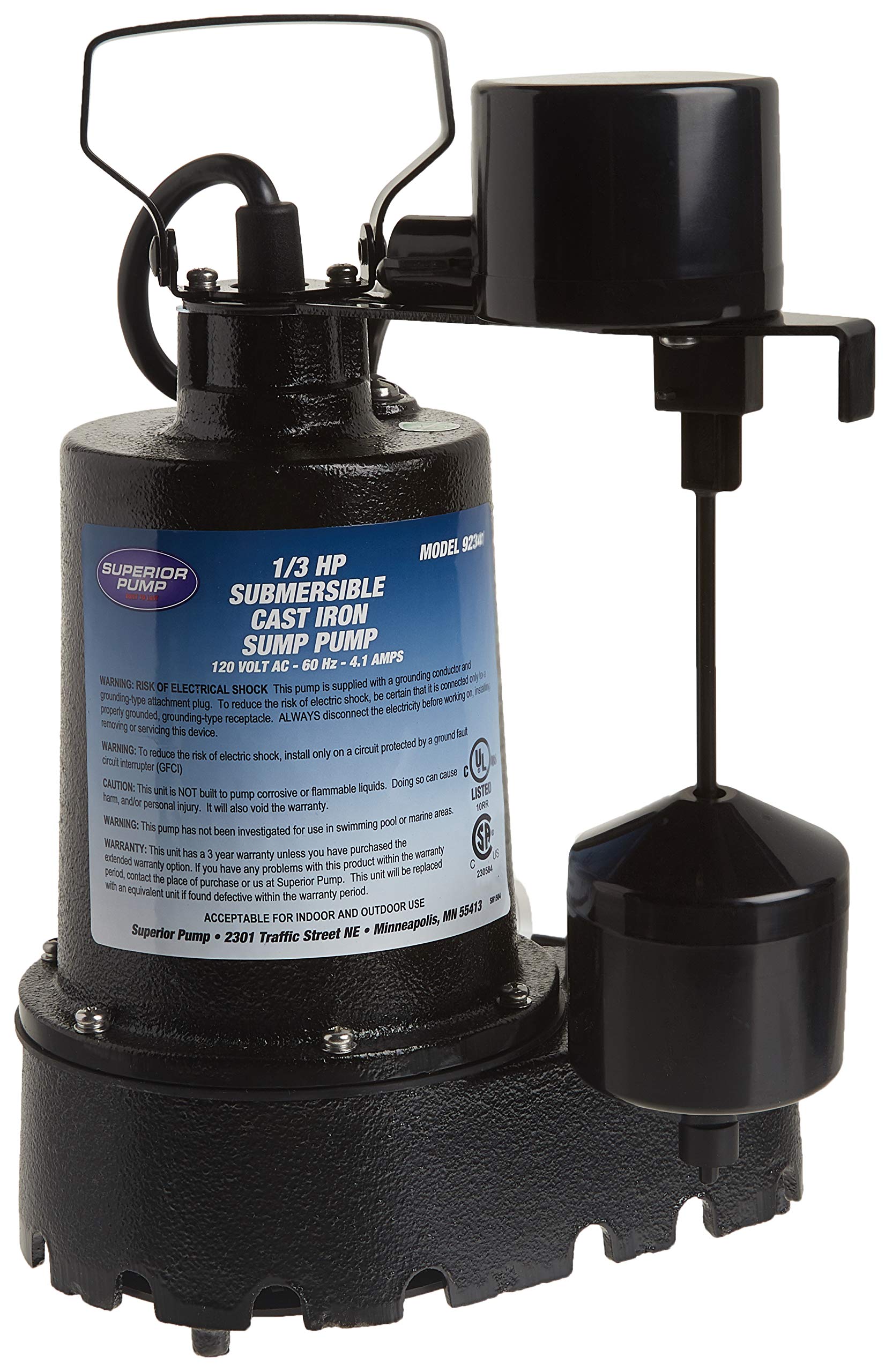 Superior Pump 92341 1/3 HP Cast Iron Submersible Sump Pump with Vertical Float Switch