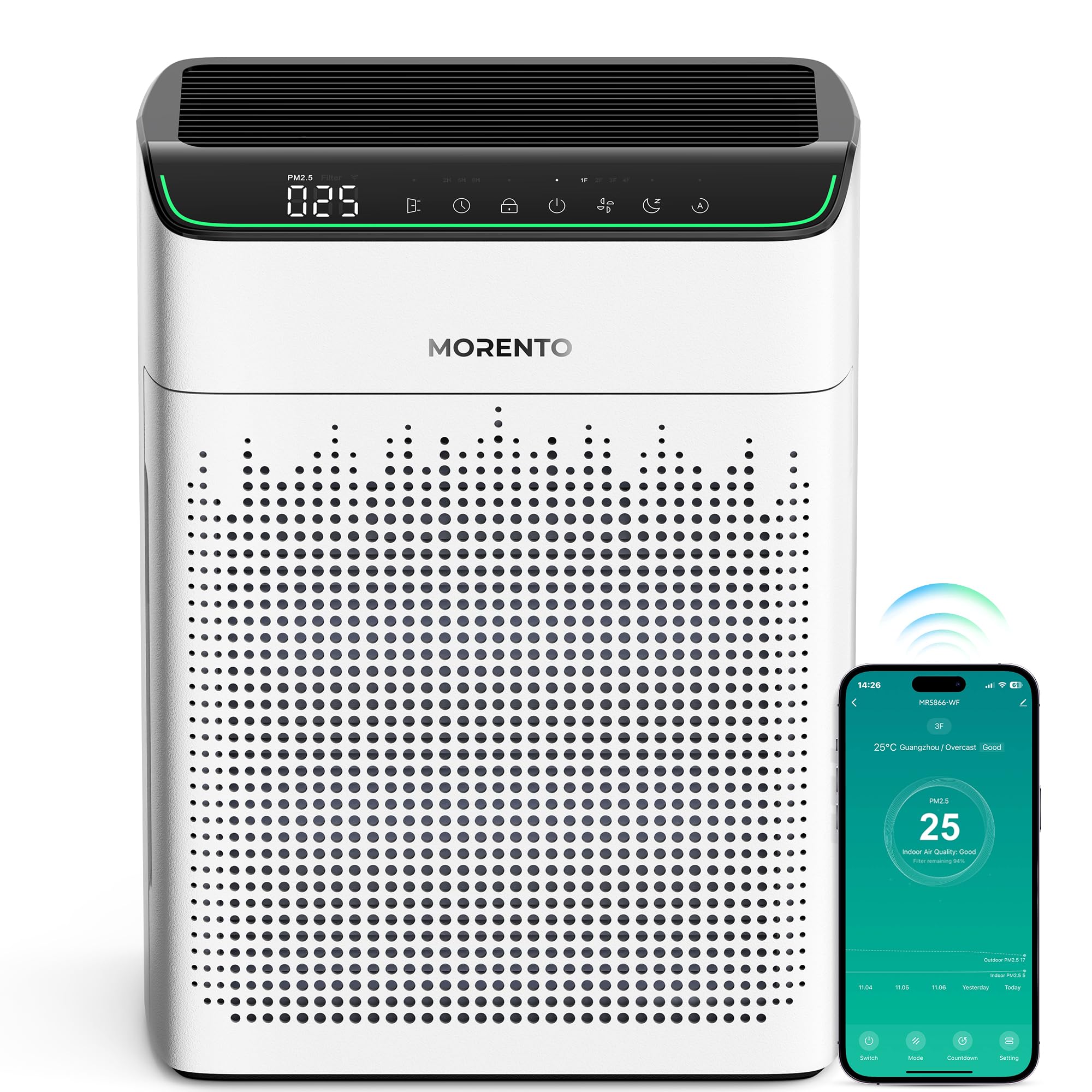 MORENTO Air Purifiers for Home Large Room Up to 1290 ft² with PM 2.5 Air Quality Monitor, Wi-Fi and Alexa compatible, HEPA Auto Mode Double-sided Air Inlet for Smoke and Odor, 23db, MR5866, White