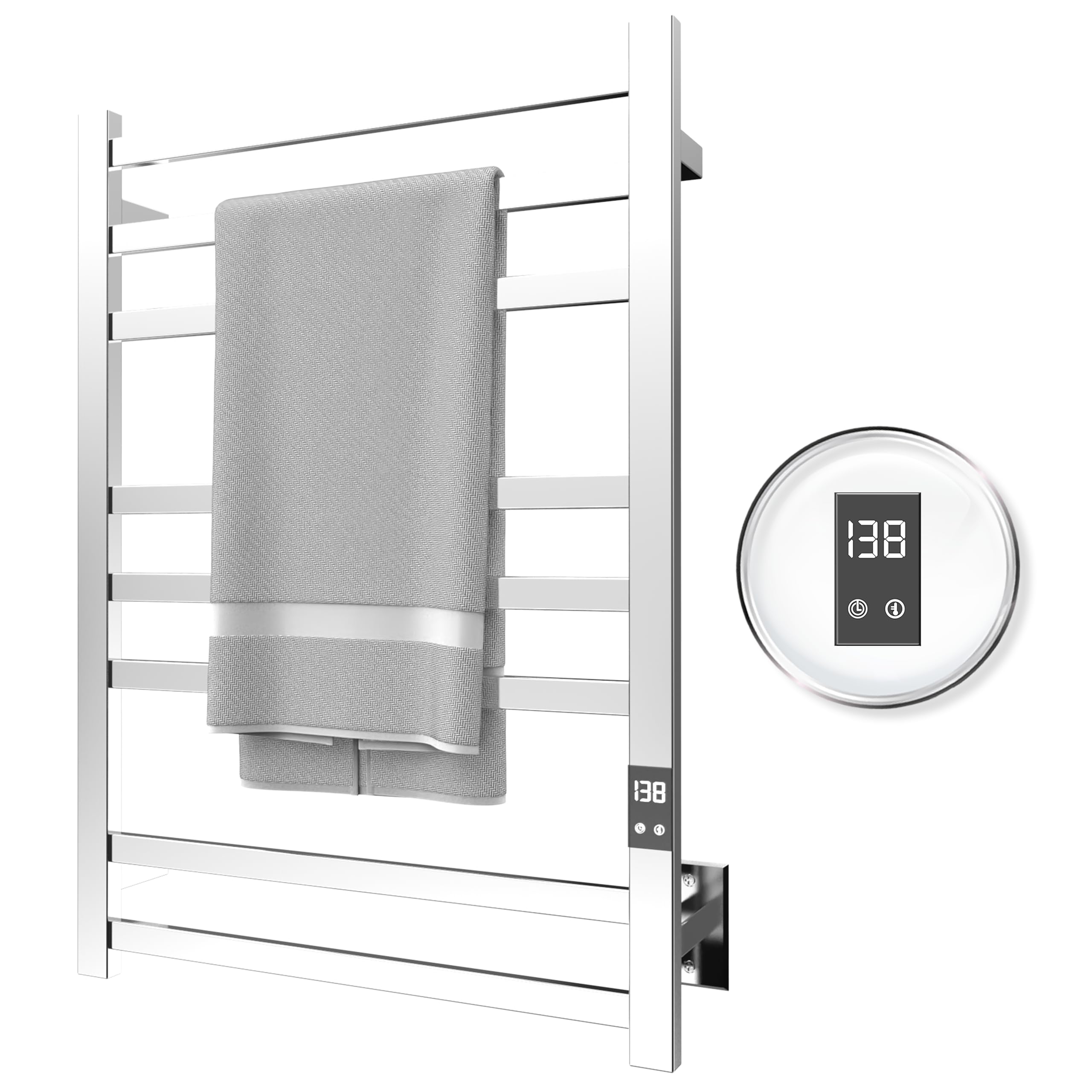 PeakTrivol 8-Bar Towel Warmer - Fast Heating, Auto Shut-Off Timer, LED Display Panel - Hardwired or Plug-in Options - Polished 304 Stainless Steel - Ideal for Bathroom - Hot Towel Warmer Rack