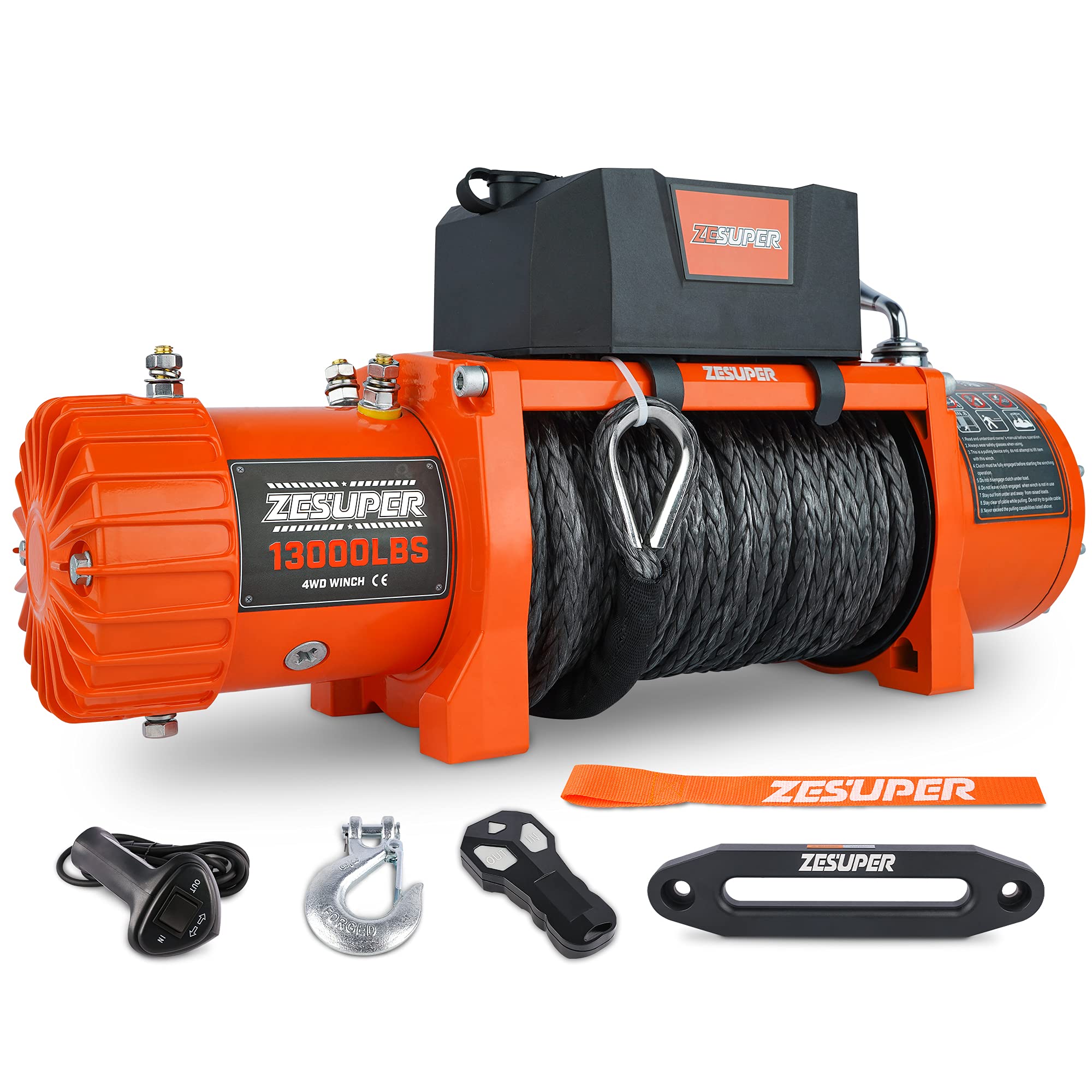 ZESUPER 12V 13000-lb Load Capacity Electric Truck Winch Kit Synthetic Rope, Waterproof Off Road Winch for Jeep,Truck,SUV with Wirless Remote and Corded Control(13000-Rope)