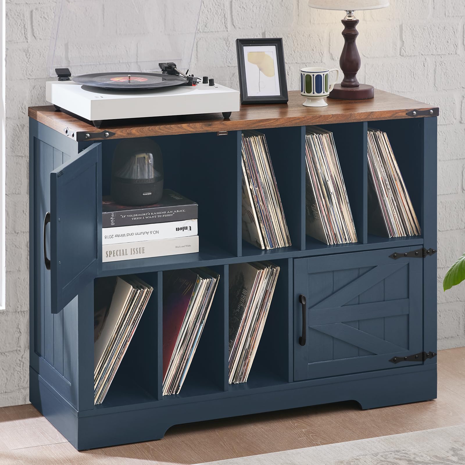 Joaxswe Large Record Player Stand with Vinyl Storage Up to 450 Albums, 39 Inch Farmhouse Wood Navy Blue Vinyl Records Storage Cabinet with Barn Doors, Mid-Century Turntable Stand for Living Room