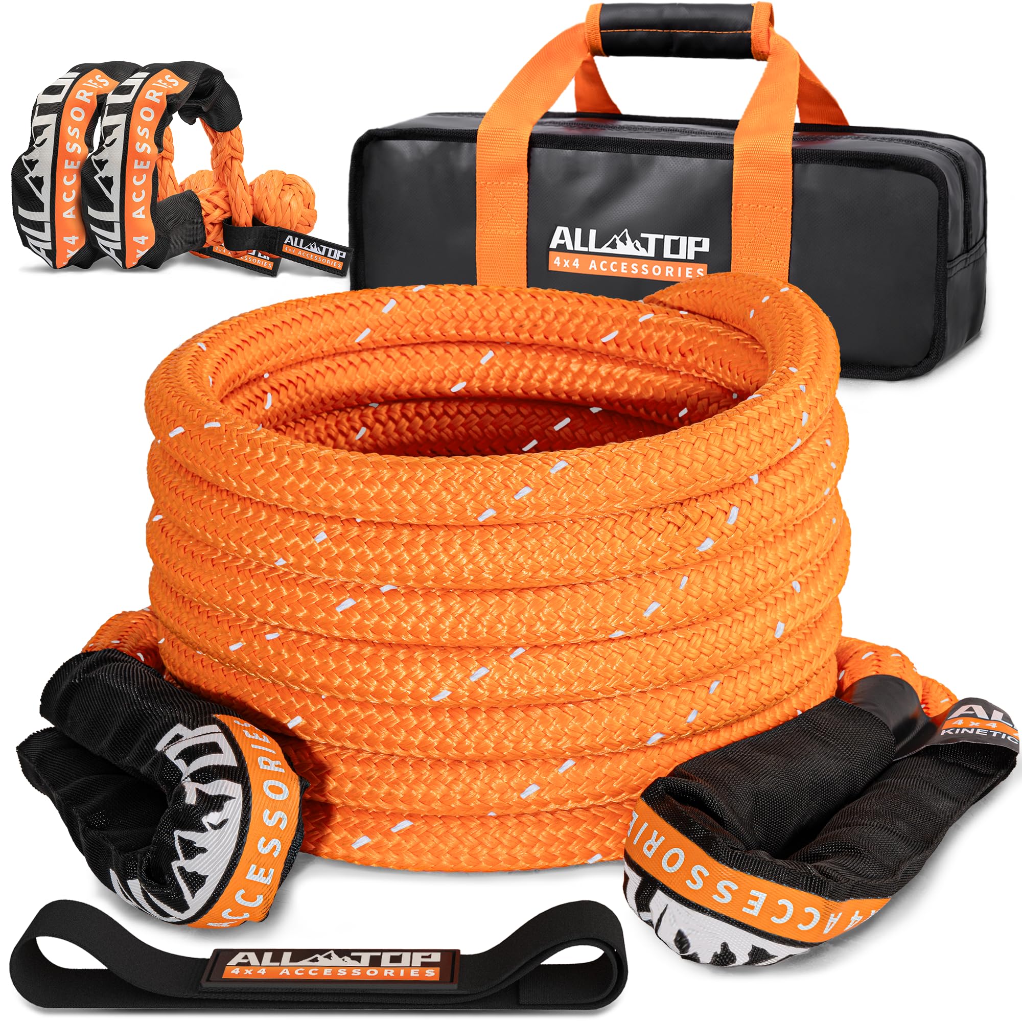 ALL-TOP Kinetic Rope Kit (Reflective) w/ 2 Soft Shackles, 48000Lbs, 1in x 30ft, Heavy Duty 30+% Elasticity, 16000Lbs Work Load Limit
