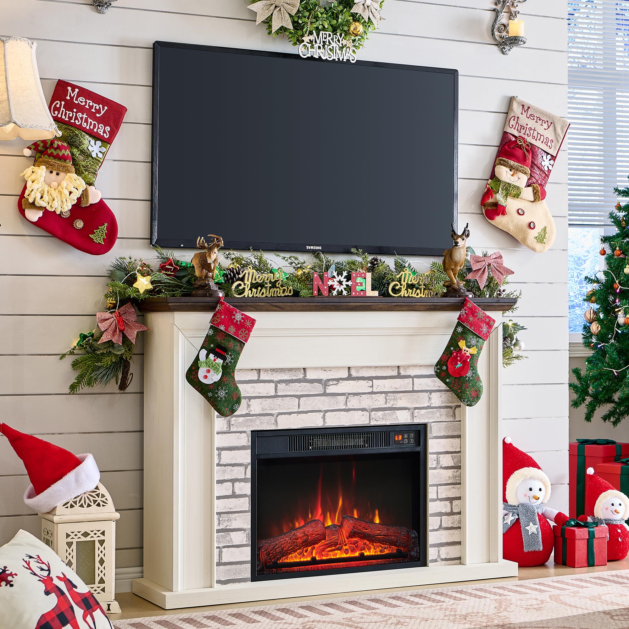 Aitjunz 45" Flip Top Electric Fireplace with Mantel, Electric Fireplace Heater, TV Stand with Freestanding Electric Fireplaces, Remote Control, Adjustable Flame Level for Living Room (White)