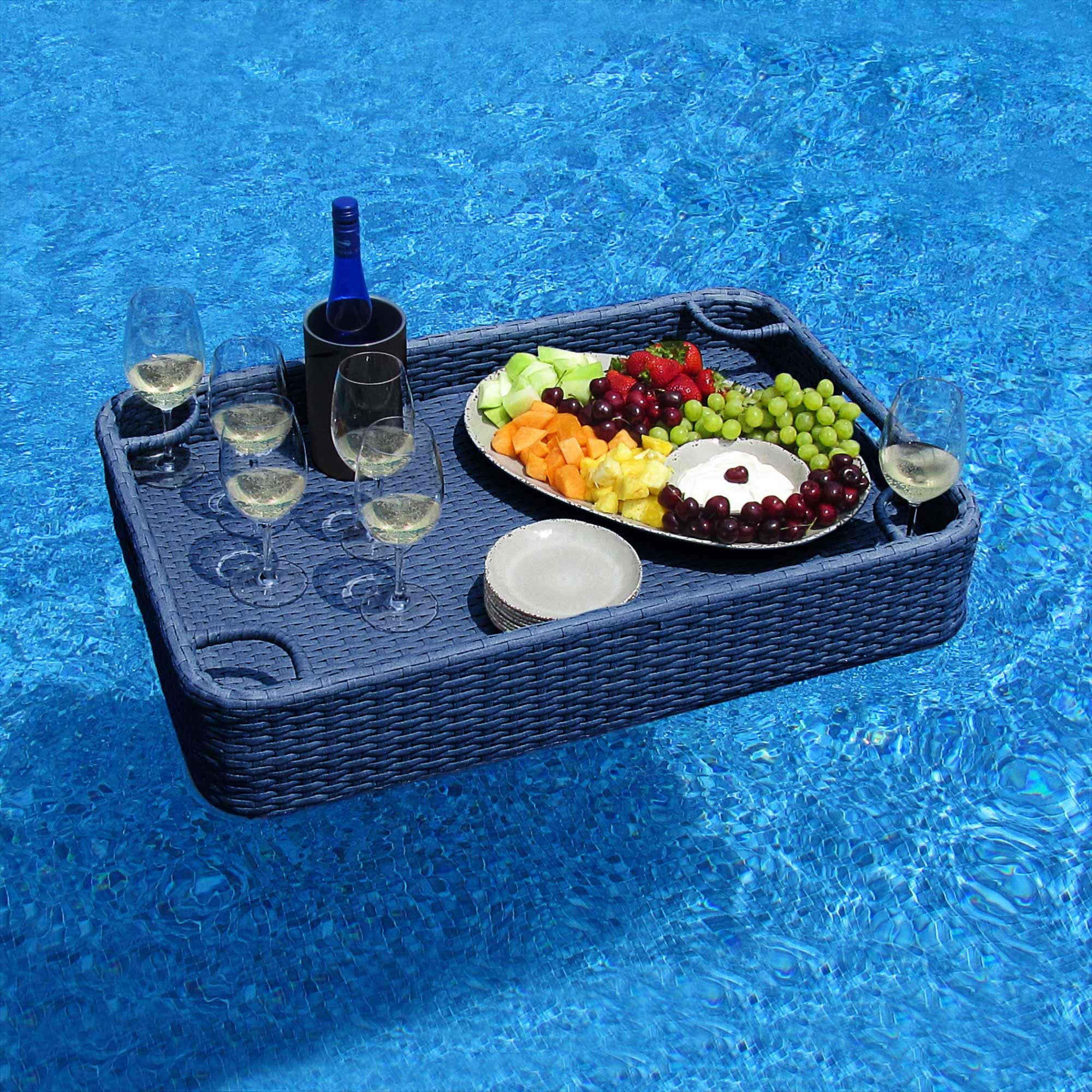 Sunjoy Wicker Floating Tray 36x24 in. Aluminum Frame Pool Tray - Swimming Floating Serving Tray for Drinks, Snacks, and Essentials - Fits Most Pool Sizes - Perfect for Pool Parties and Relaxing, Navy