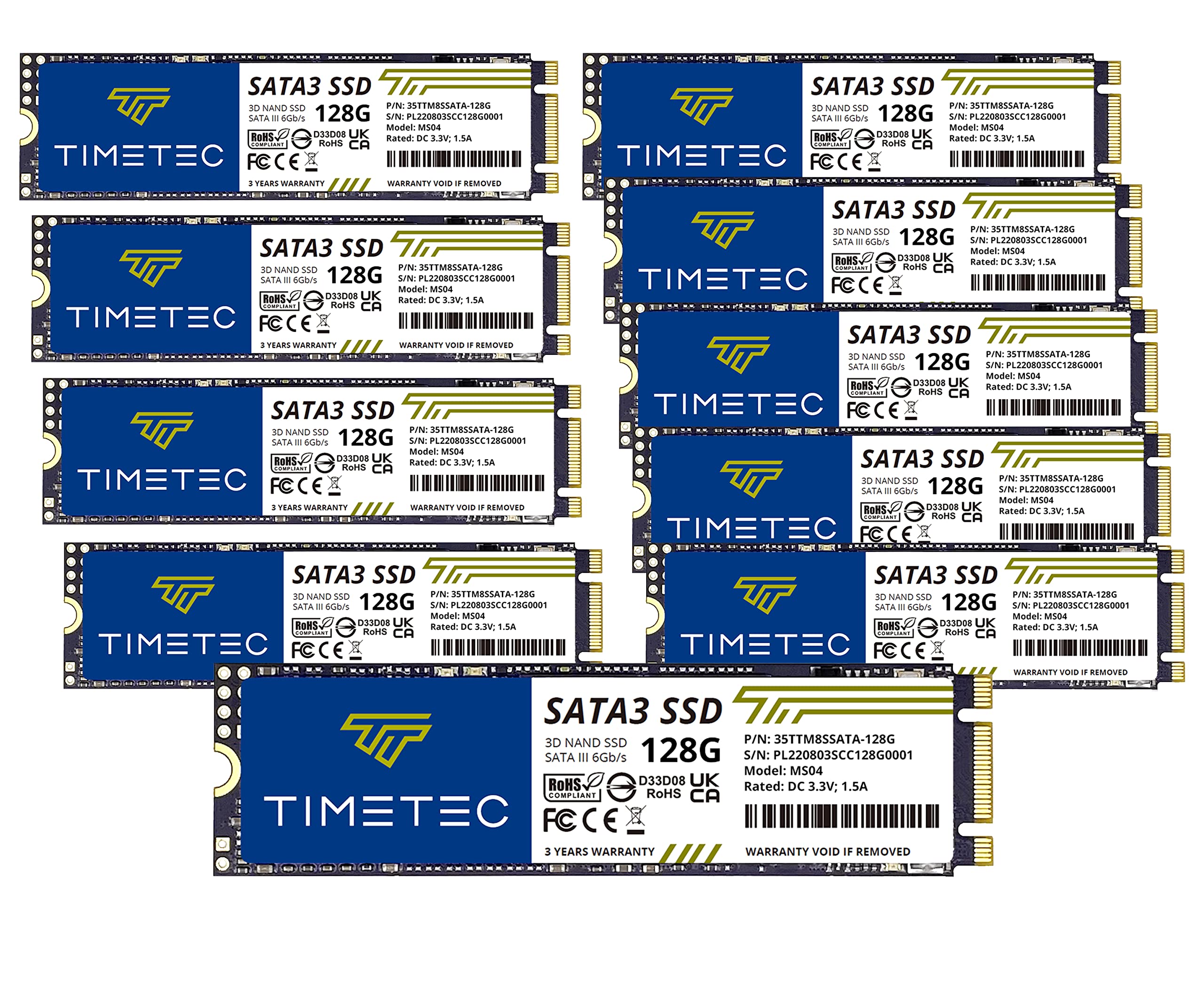 Timetec 128GBx10 (10 Pack) SSD 3D NAND TLC SATA III 6Gb/s M.2 2280 NGFF 64TBW Read Speed Up to 530MB/s SLC Cache Performance Boost Internal Solid State Drive for PC Computer Laptop and Desktop