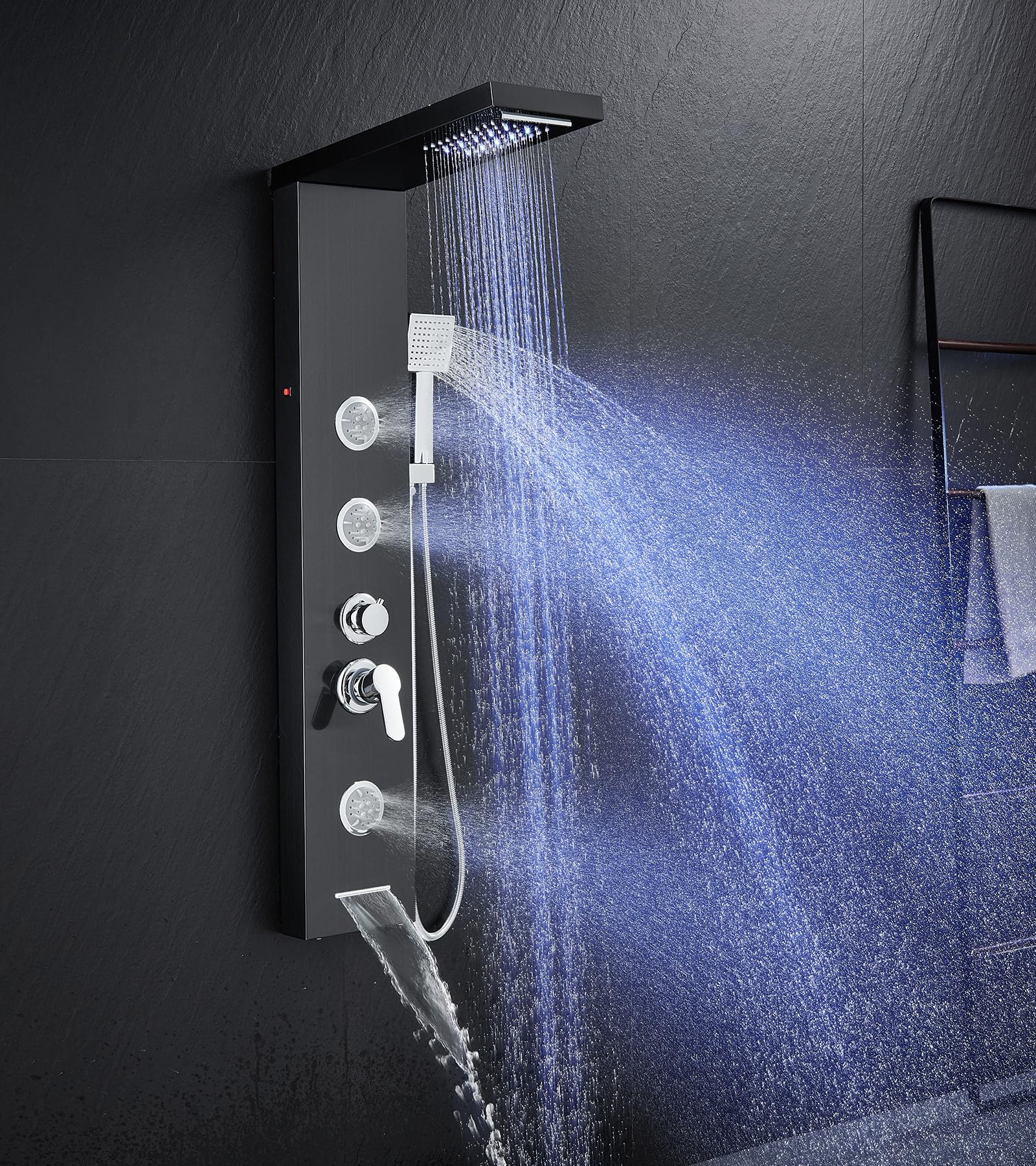 TSIBOMU Multi-Function LED Lights Shower Panel System Black, 5 in 1 Shower Panel Include Rainfall & Waterfall Shower Head, 3 Pcs Adjustable Massage Jets, Handheld Shower, Tub Spout