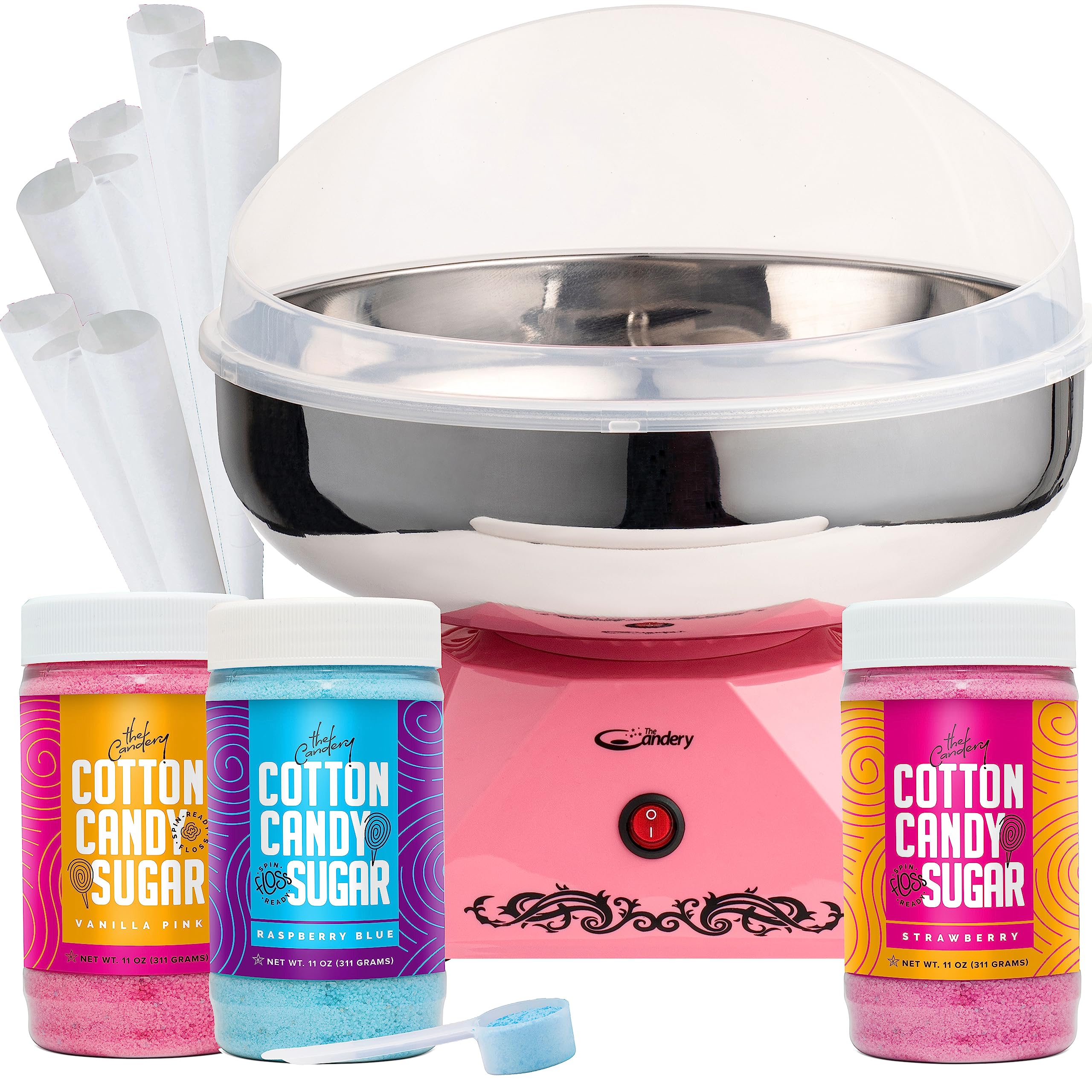 The Candery Cotton Candy Machine with Stainless Steel Bowl 2.0 and Floss Bundle- Use to Floss Sugar Floss Candy for Birthday Parties Fairs - Includes 3 Floss Sugar Flavors 12oz Jars and 50 Paper Cones