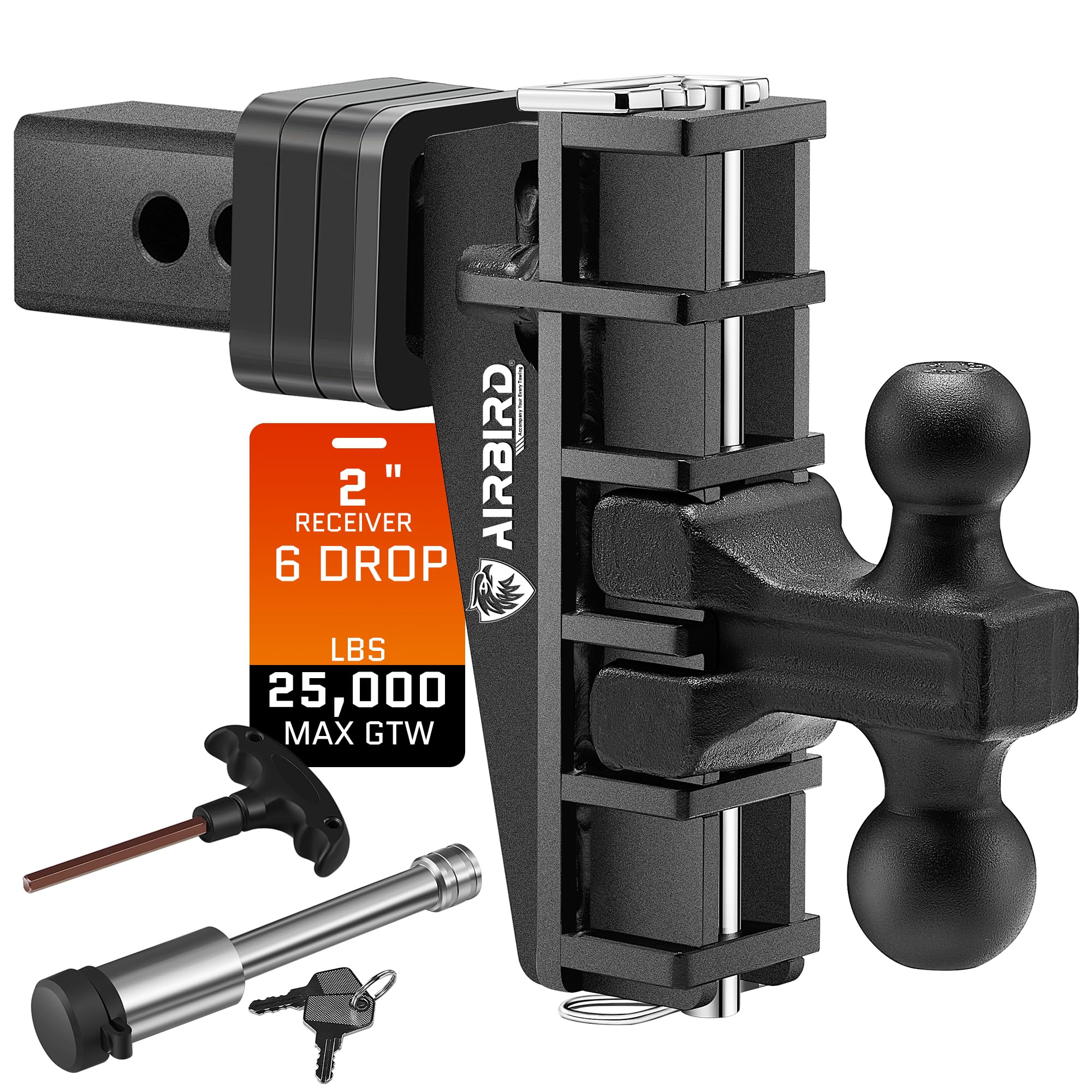 Airbird Adjustable Trailer Hitch Fits 2 Inch Receiver, Heavy Duty Tow Hitches 6 Inch Drop Truck Hitch (25000 LBS GTW), 2 and 2-5/16-Inch Balls, Black