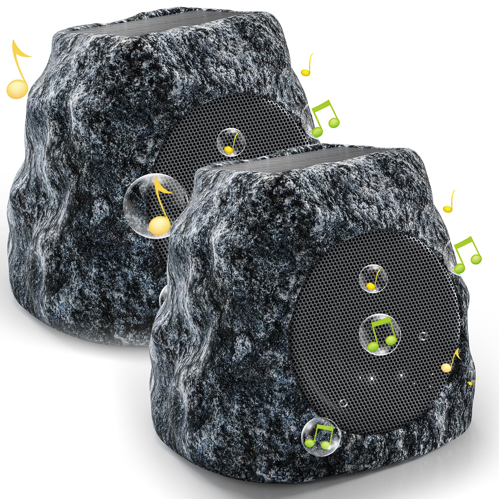 Outdoor Rock Speaker 60W Deep Bass Multi-Sync up to 100 Speakers Auto-Pairing, IPX7 Waterproof Solar-Powered Bluetooth Speaker Perfect for Pool, Garden, Patio, Ideal for Music Entertainers - 2 Pack