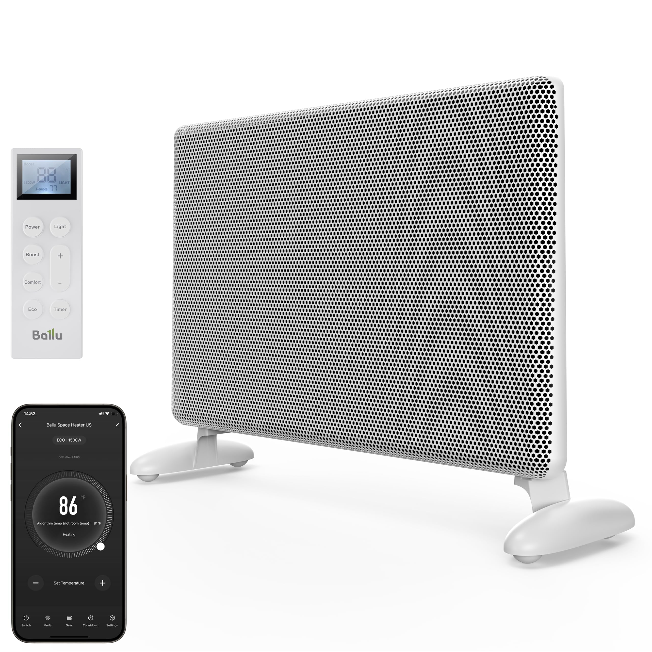 Ballu Mica Infrared Space Heater Indoor Use,Electric Panel Heater with LED Display Remote,Wifi App Control,Portable Stand Wall Mount,1500W Room Heaters for Large Room Energy Efficient,Work with Alexa