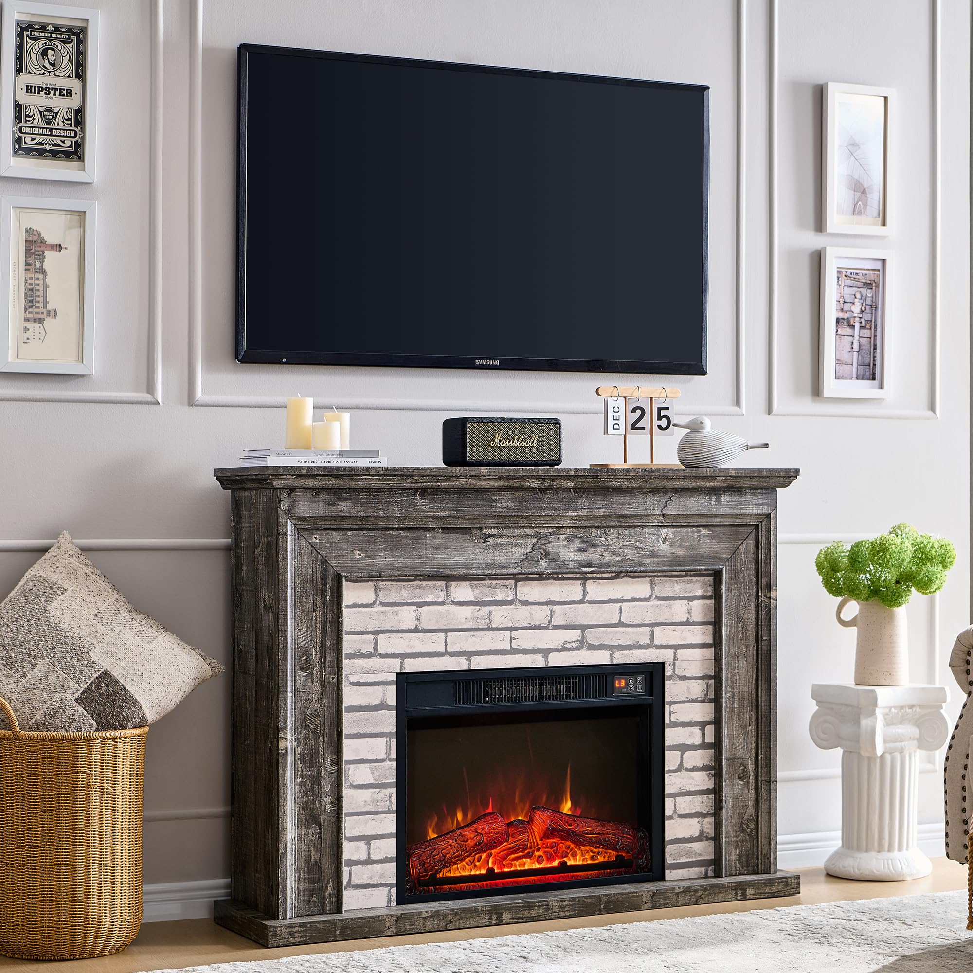 Aitjunz 45" Flip Top Electric Fireplace with Mantel, Electric Fireplace Heater, TV Stand with Freestanding Electric Fireplaces, Remote Control, Adjustable Flame Level for Living Room (Light Grey)