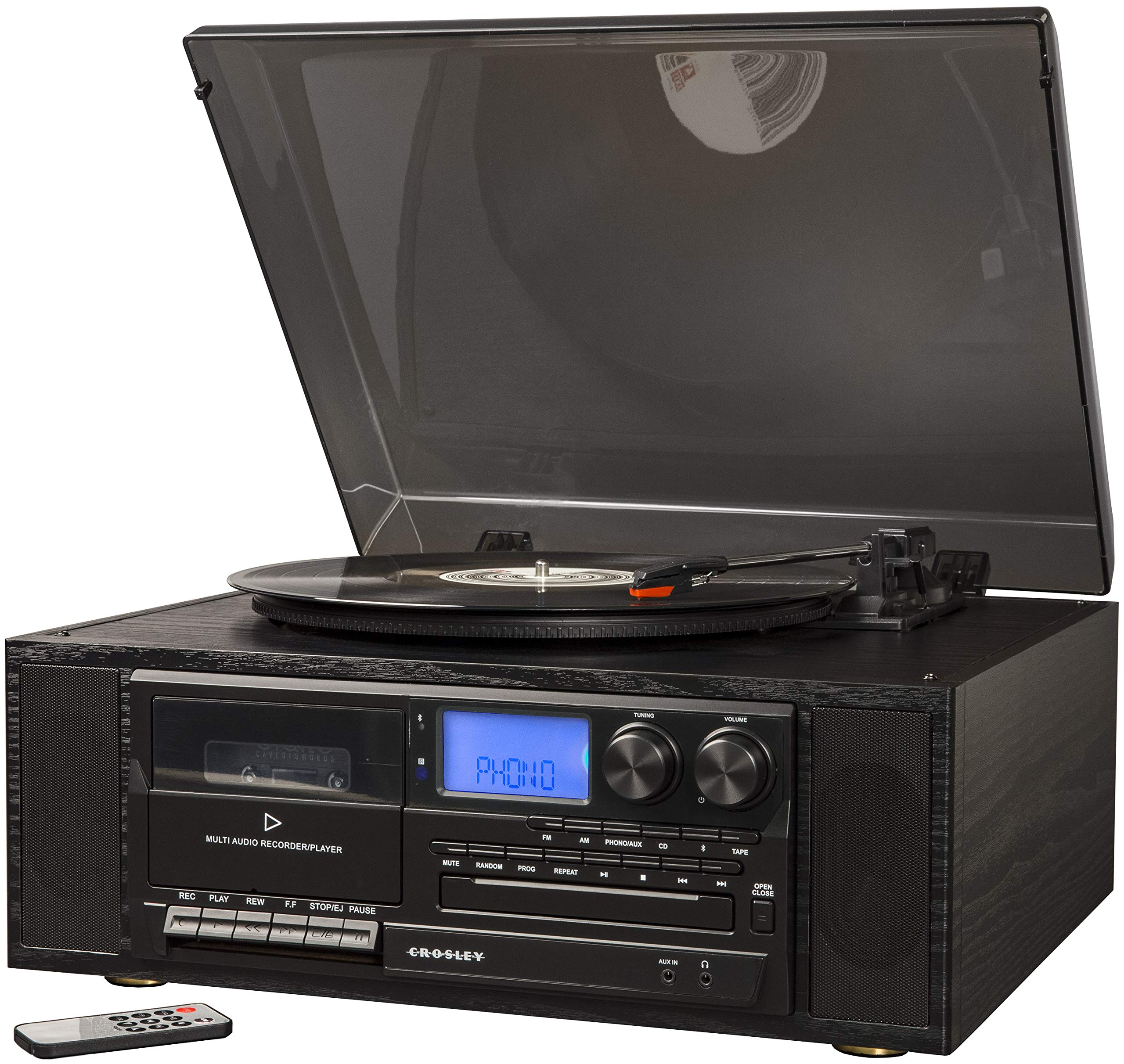 Crosley CR7010A-BK Ridgemont 3-Speed Turntable with Bluetooth, AM/FM Radio, CD Player, Cassette Deck, and Aux-in
