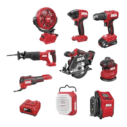 SKIL PWR CORE 20V Brushless 9-Tool Power Tool Combo Kit Including 2 * 2.0Ah Batteries and Charger-CB8009B-20