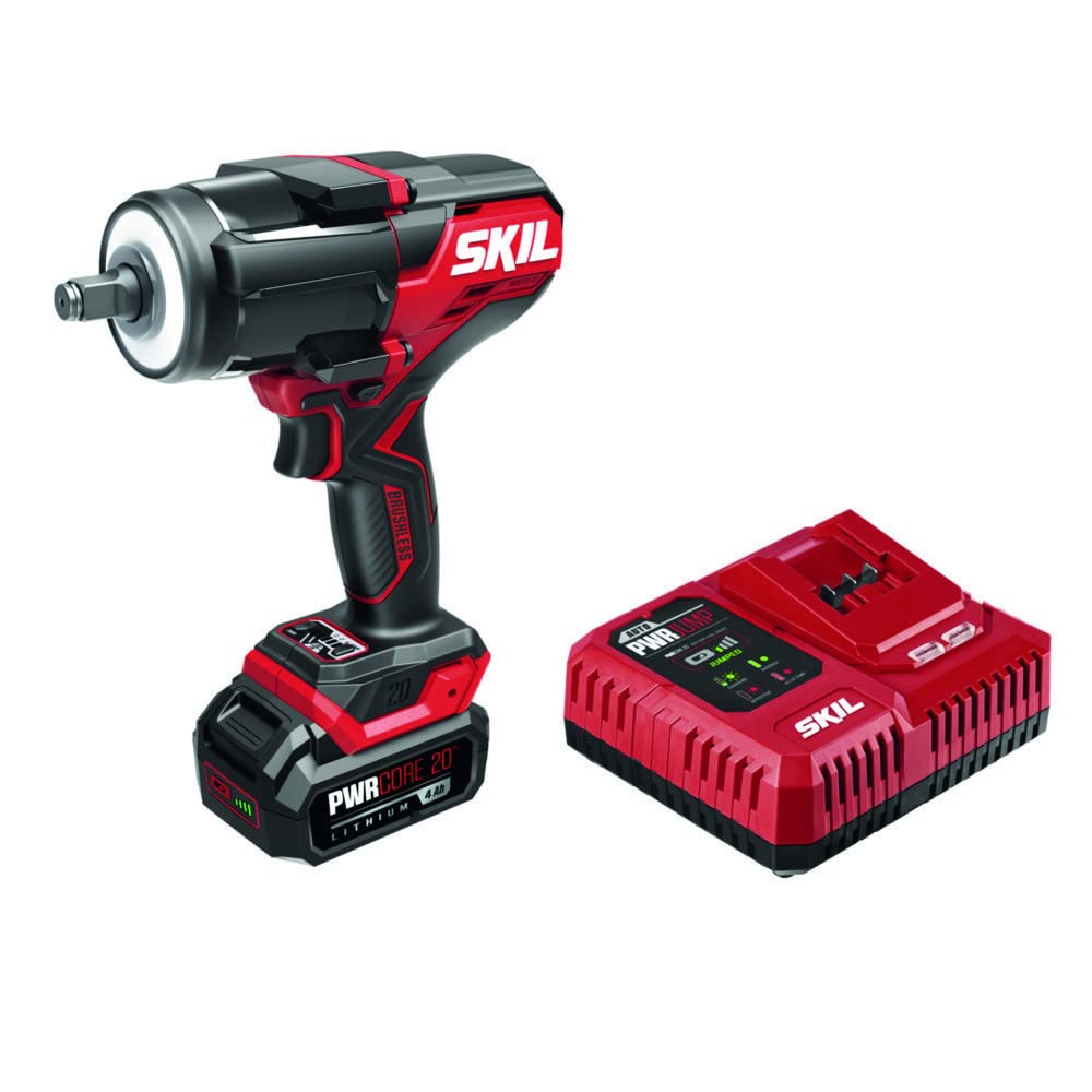 SKIL PWR CORE 20 Brushless 20V 1/2 In. Mid-Torque Impact Wrench Kit Including 4.0 Ah Battery and Auto PWRJump Charger- IW5761B-10