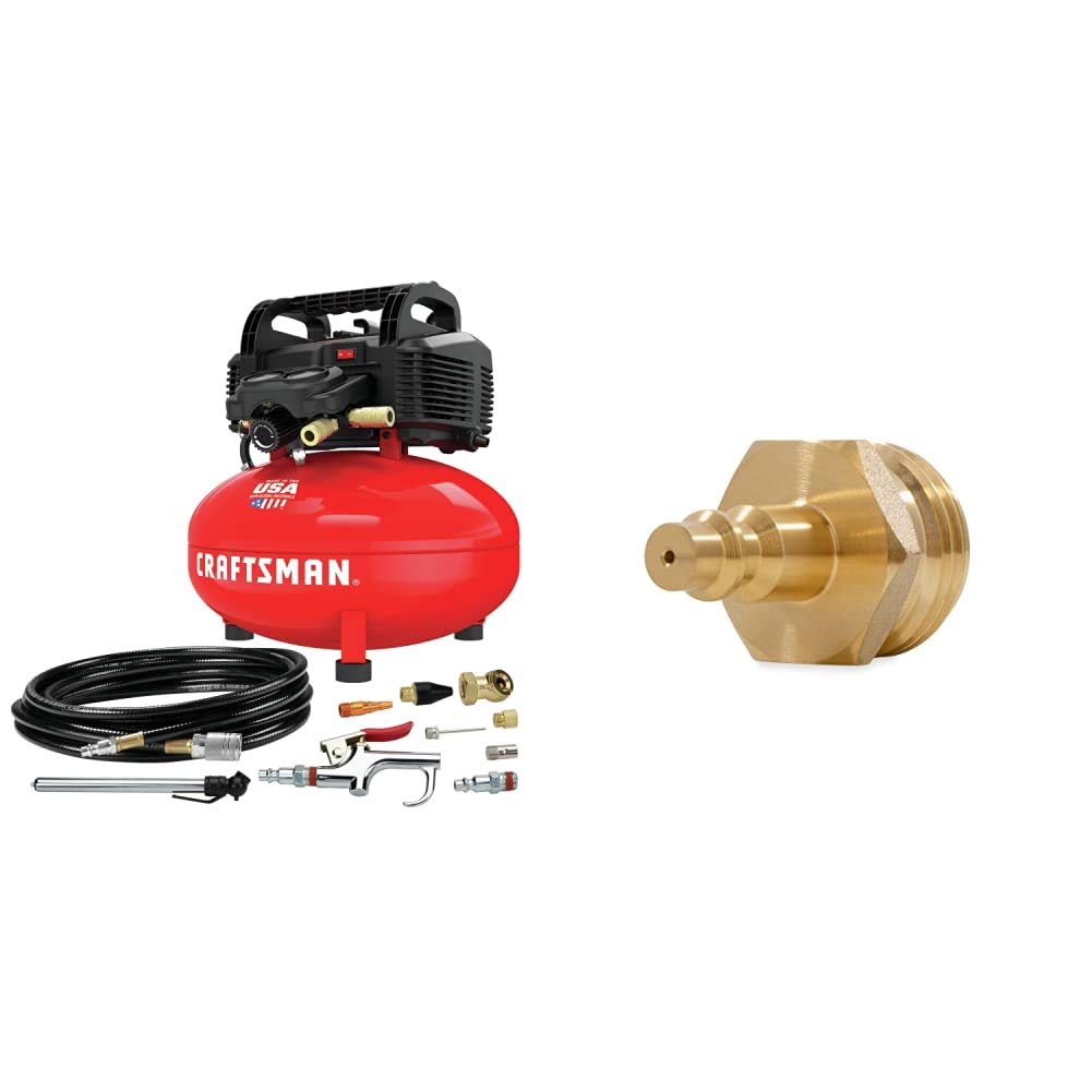 Craftsman Air Compressor, 6 Gallon, Pancake, Oil-Free (CMEC6150K) and Camco Blow Out Plug With Brass Quick Connect (36143)