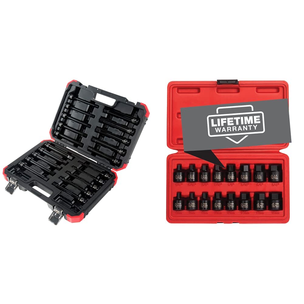 Sunex 2637L, ½" Drive, 6" Long Master Impact Hex Driver Set & Sunex 3646, 3/8 Inch Drive Low Profile Impact Hex Driver Set, 16-Piece, SAE/Metric, 1/4 Inch - 3/4 Inch, 6mm - 19mm