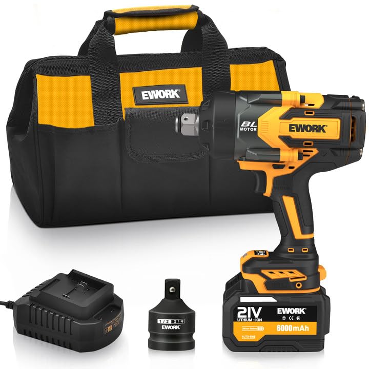 EWORK 3/4 Cordless Impact Wrench Max 1500 Ft-lbs 21V Brushless High Torque 3/4 Impact Gun with 6.0Ah Li-ion Battery, Fast Charger, 3/4" to 1/2 Inch Socket Adapter, Tool Bag (RB-819)