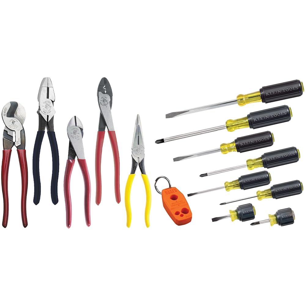 5-Piece Dipped Plier Kit with Diagonal, Needle Nose, Linesman, Cutter, Crimper Pliers and 9-Piece Screwdriver Set with Magnetizer