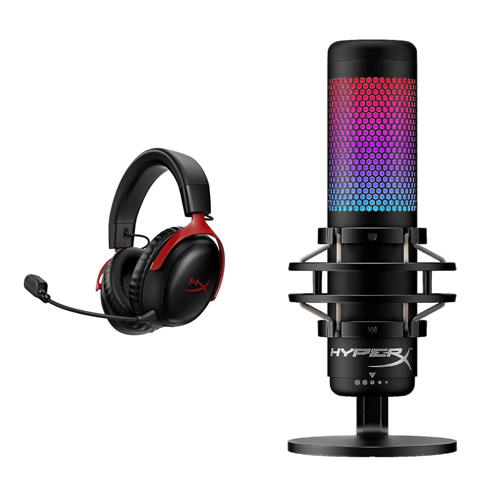 HyperX Cloud III Wireless – Gaming Headset for PC, PS5, PS4, up to 120-hour Battery, 2.4GHz Wireless & QuadCast S RGB USB Condenser Microphone with Shock Mount for Gaming, Streaming, Podcasts