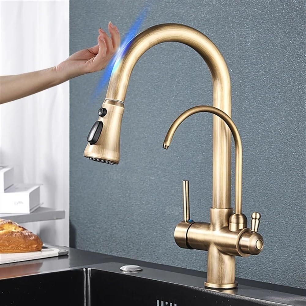 Gold Smart Sensor Kitchen Faucet, Dual Handle Filtered Cold & Hot Water Mixer, 2 Mode Spout Taps, Deck Mount, Pull-Down Kitchen Sink Tap(Antique)