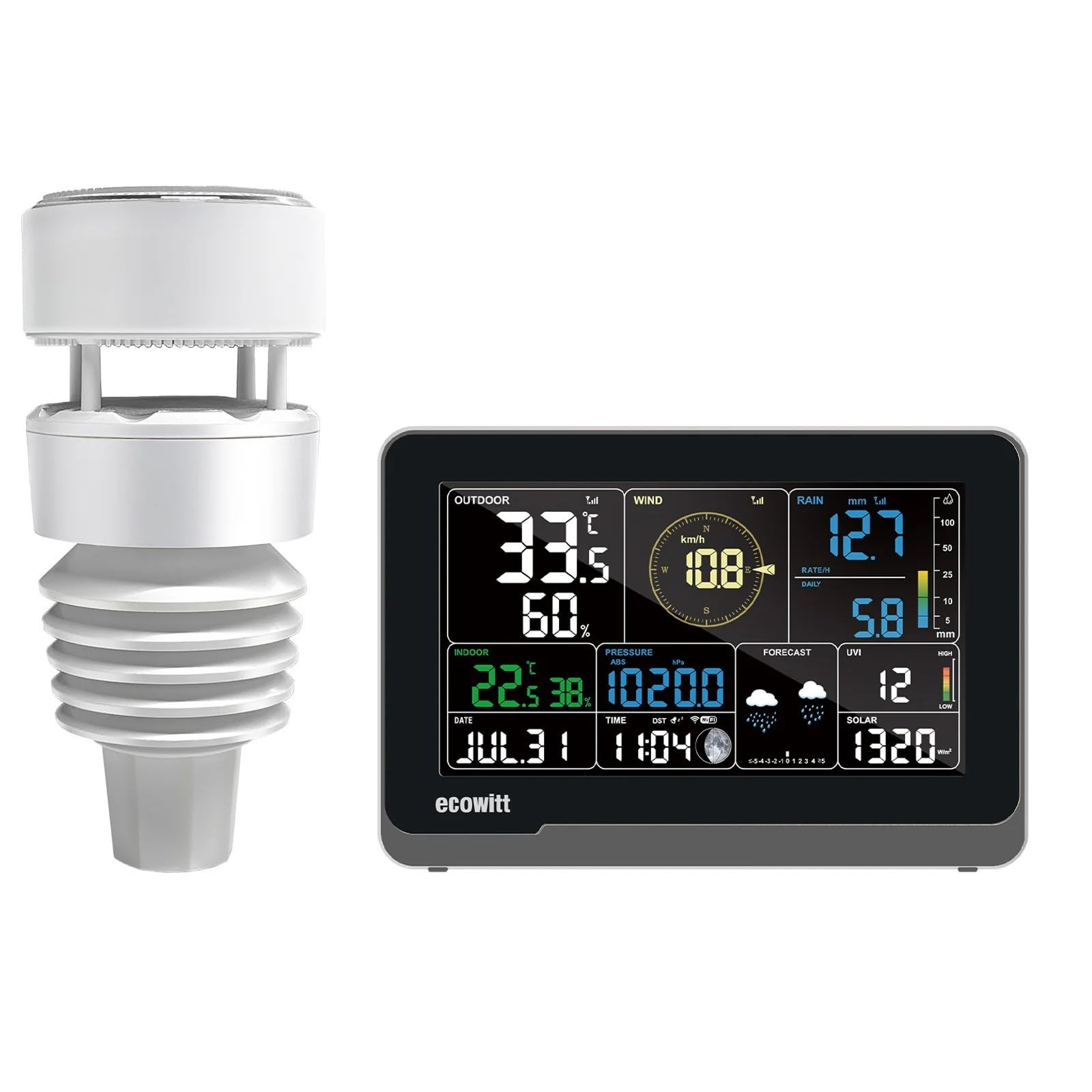 ECOWITT WS3901 Wi-Fi Weather Station Kit, Includes WS3900 7.5'' Colored LCD Display Console and WS90 Outdoor Sensor Array, IoT Function, 915 MHz