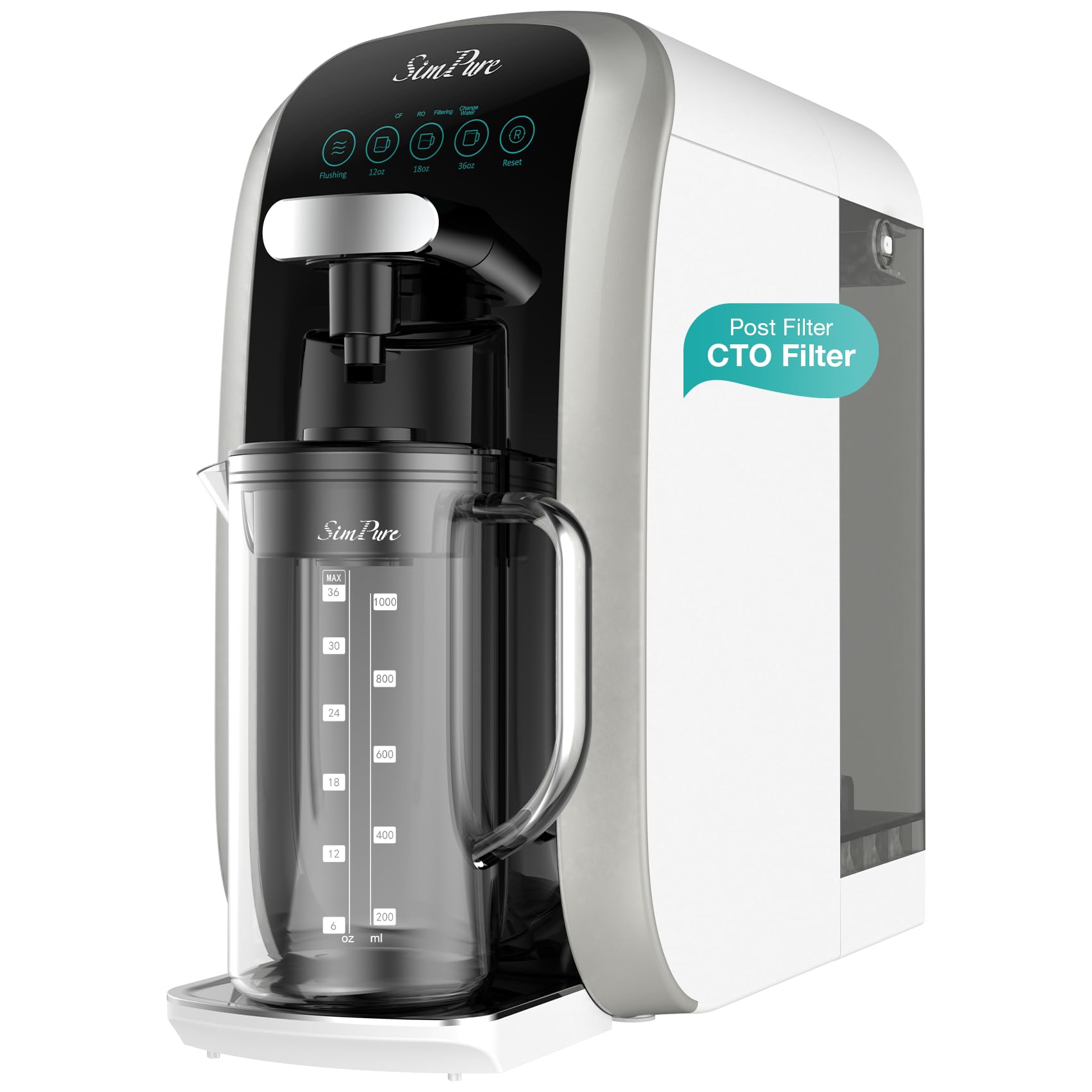 SimPure Y7T-BW-C Countertop Reverse Osmosis Water Filter, NSF/ANSI 58 Certified, 5 Stage RO Water Filtration System with Taste-Enhancing Glass Water Pitcher, Water Purifier for Home, No Installation