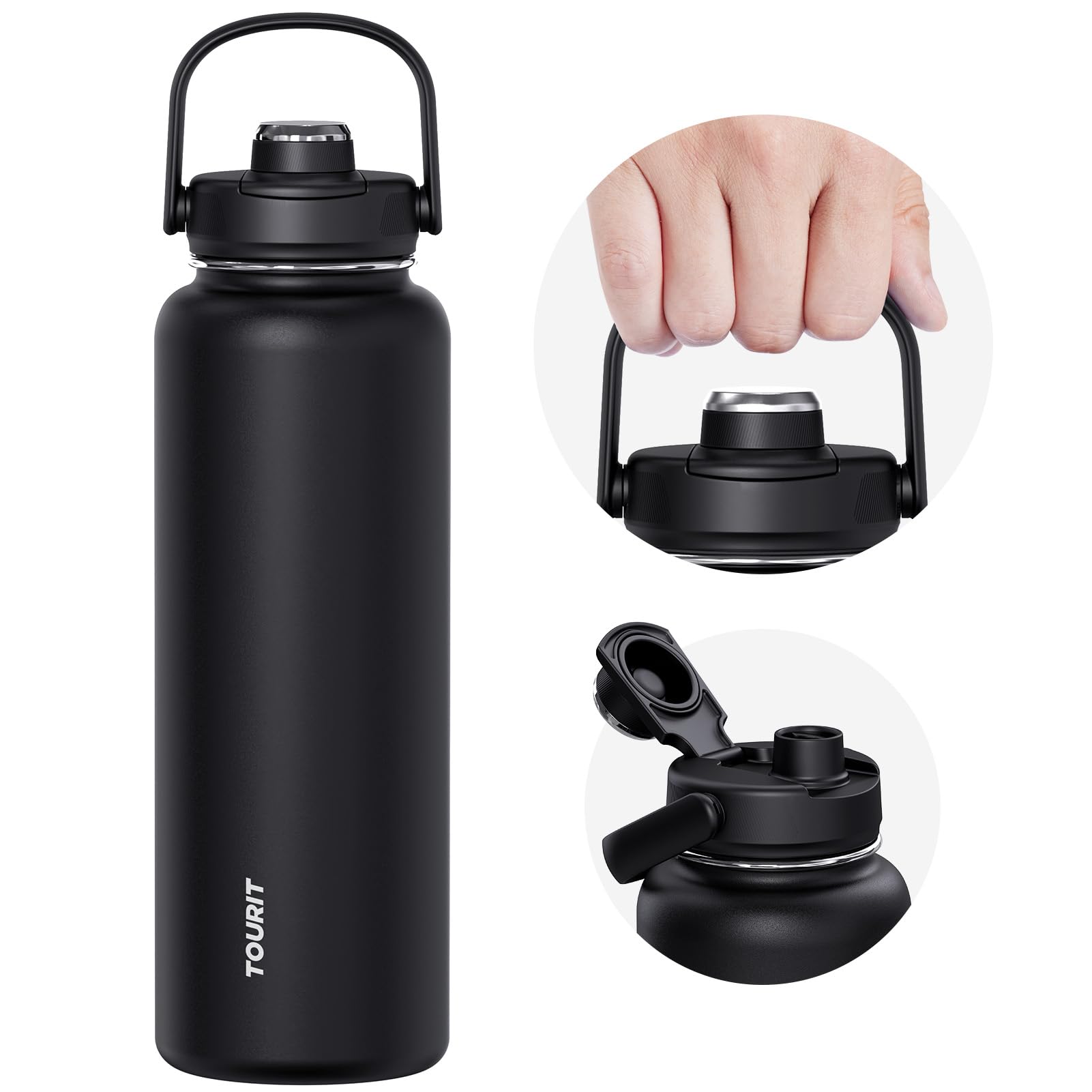 TOURIT 24 oz Insulated Water Bottle, Stainless Steel Sports Water Bottles With Top Handle, Double-Wall Travel Thermal Water Flask, BPA Free Leakproof Thermos Bottle for Sports and Travel, Black