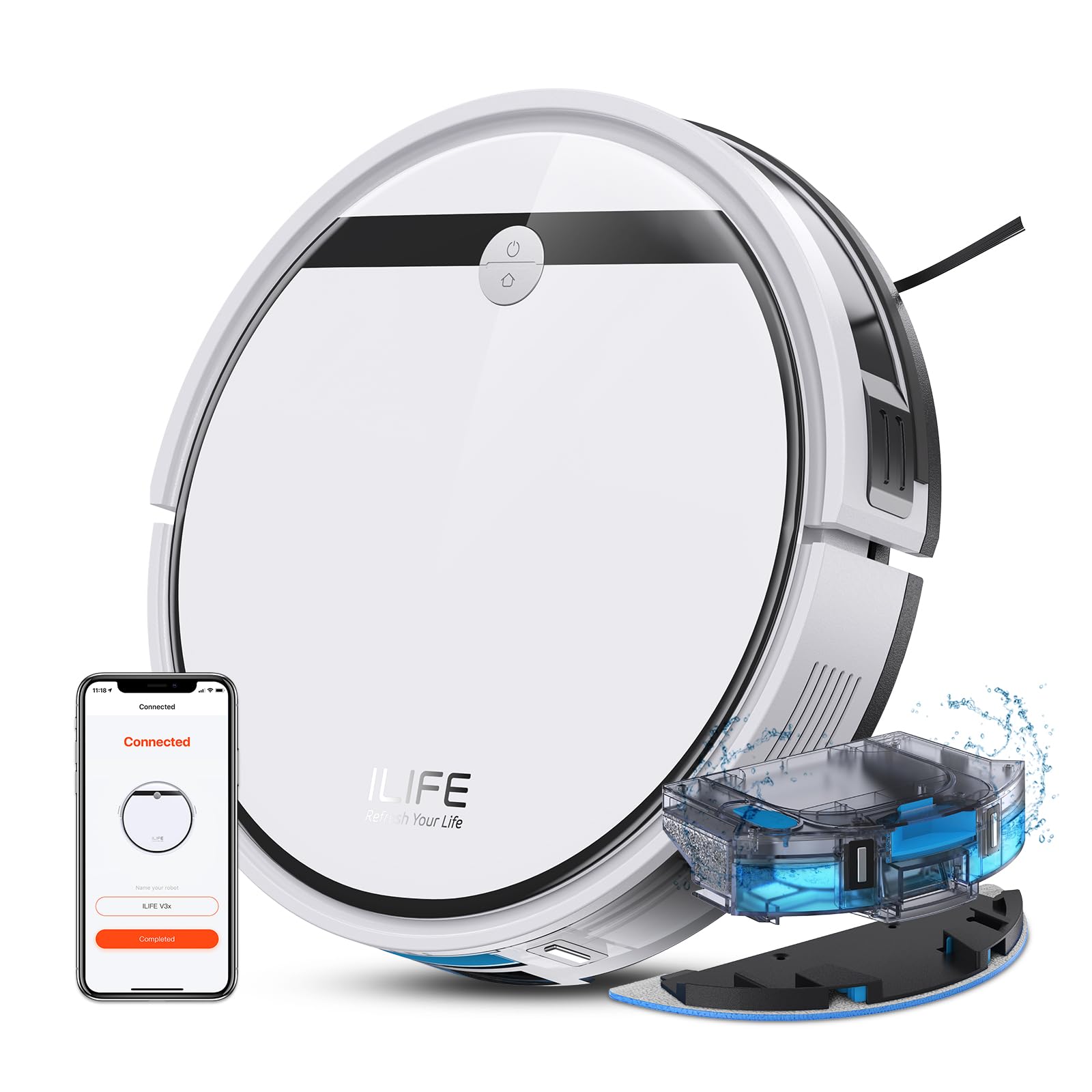 ILIFE Robot Vacuum and Mop Combo, V3s Pro Upgraded, Compatible with 2.4GHz WiFi/Alexa/Google, 120mins, 3000Pa, 2-in-1 Mopping Robotic Vacuum Cleaner, Path Route, for Pet Hair, Hard Floor, Carpet (V3x)