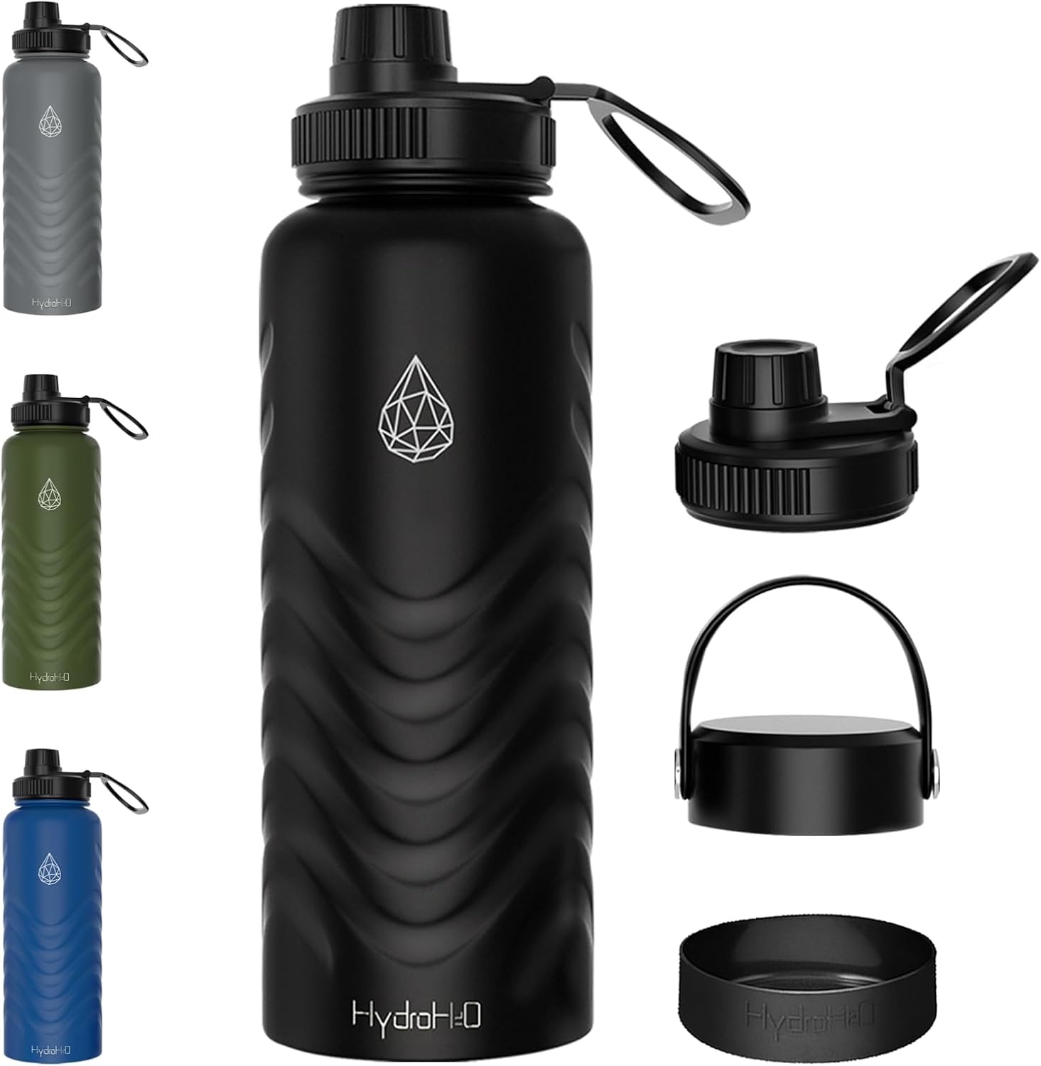 HYDRO H2O 32oz Insulated Stainless Steel Water Bottle with Straw,Leak-Proof,BPA-Free,Wide Mouth,Durable Handle&Silicone Boot for Travel,Gym,Hiking–Black