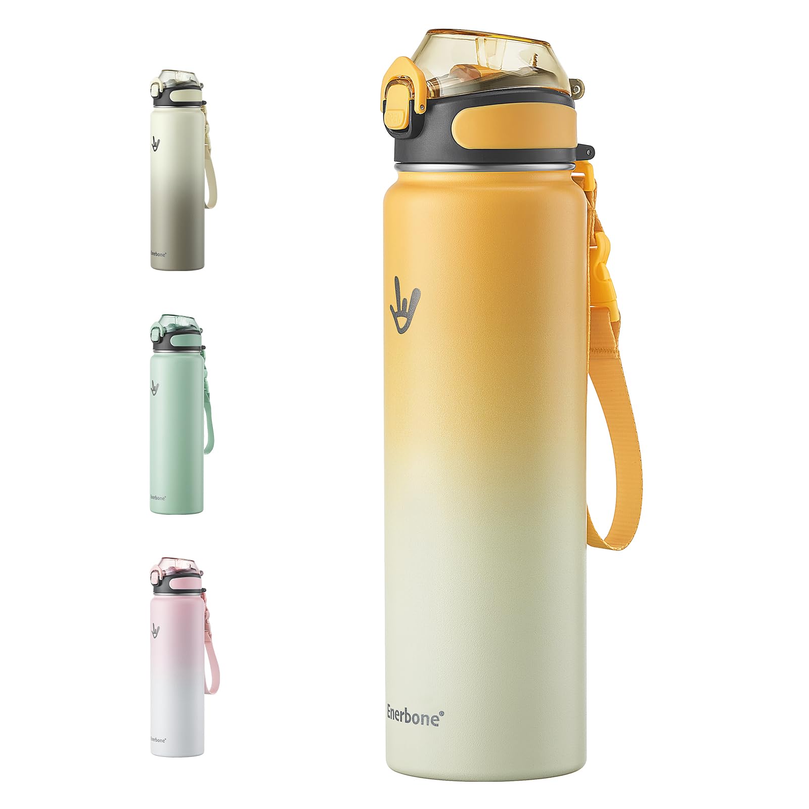 Enerbone Insulated Water Bottle, 32 oz Stainless Steel Water Bottles with Carrying Strap, Double-Wall Vacuum Insulation Thermos, Leakproof Sports Bottle with Straw, Keep Drinks Hot or Cold for Hours