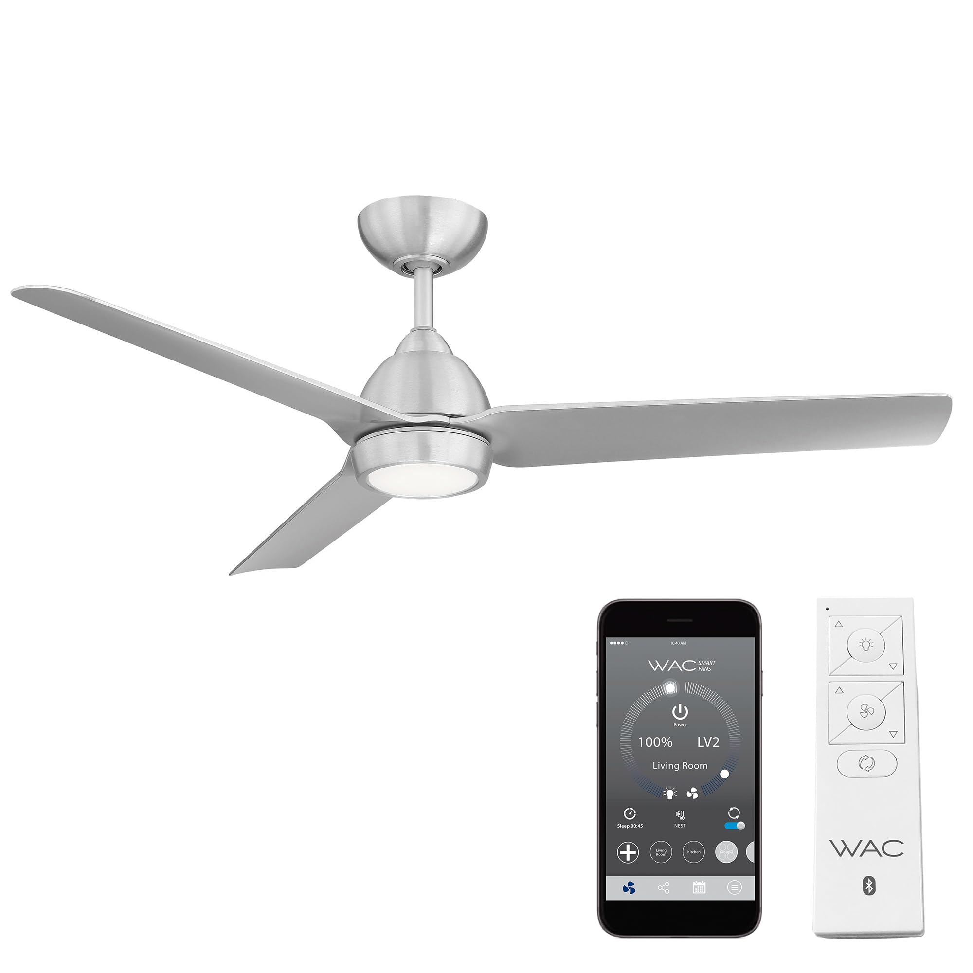 WAC Smart Fans Mocha Indoor and Outdoor 3-Blade Smart Home Ceiling Fan 54in Brushed Aluminum with 3000K LED Light Kit and Remote Control works with Alexa and iOS or Android App
