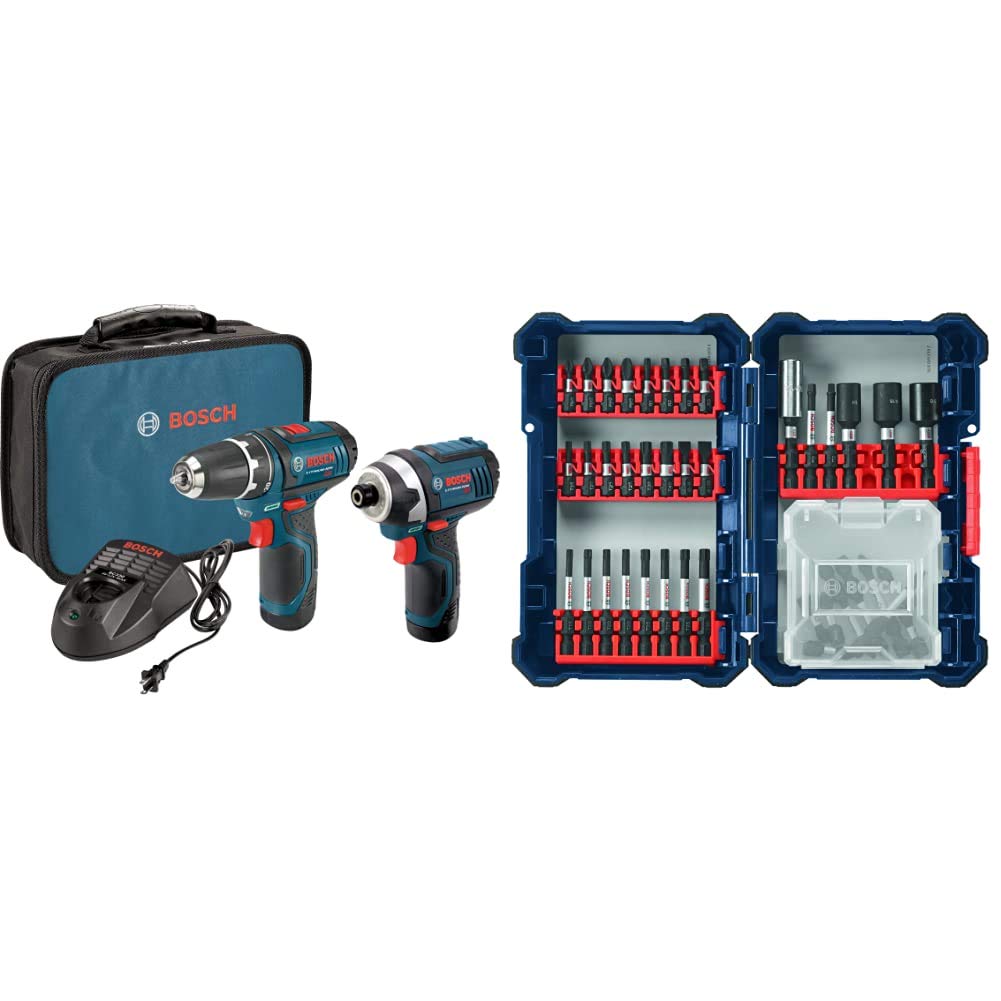 BOSCH Power Tools Combo Kit CLPK22-120 - 12-Volt Cordless Tool Set (Drill/Driver and Impact Driver) w/ 2 Batteries, Charger and Case and SDMS40 40 pc. Impact Tough Screwdriving Custom Case System Set