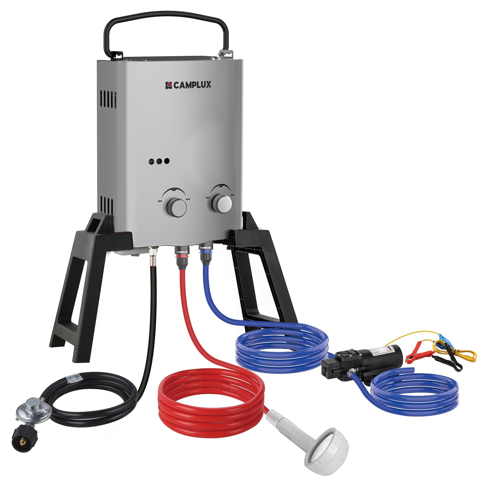 CAMPLUX 1.32 GPM Portable Outdoor Tankless Water Heater Propane Instant Hot Camping Shower Pump w/Freestanding Stand and Carry Bag, AY132GMax, Gray