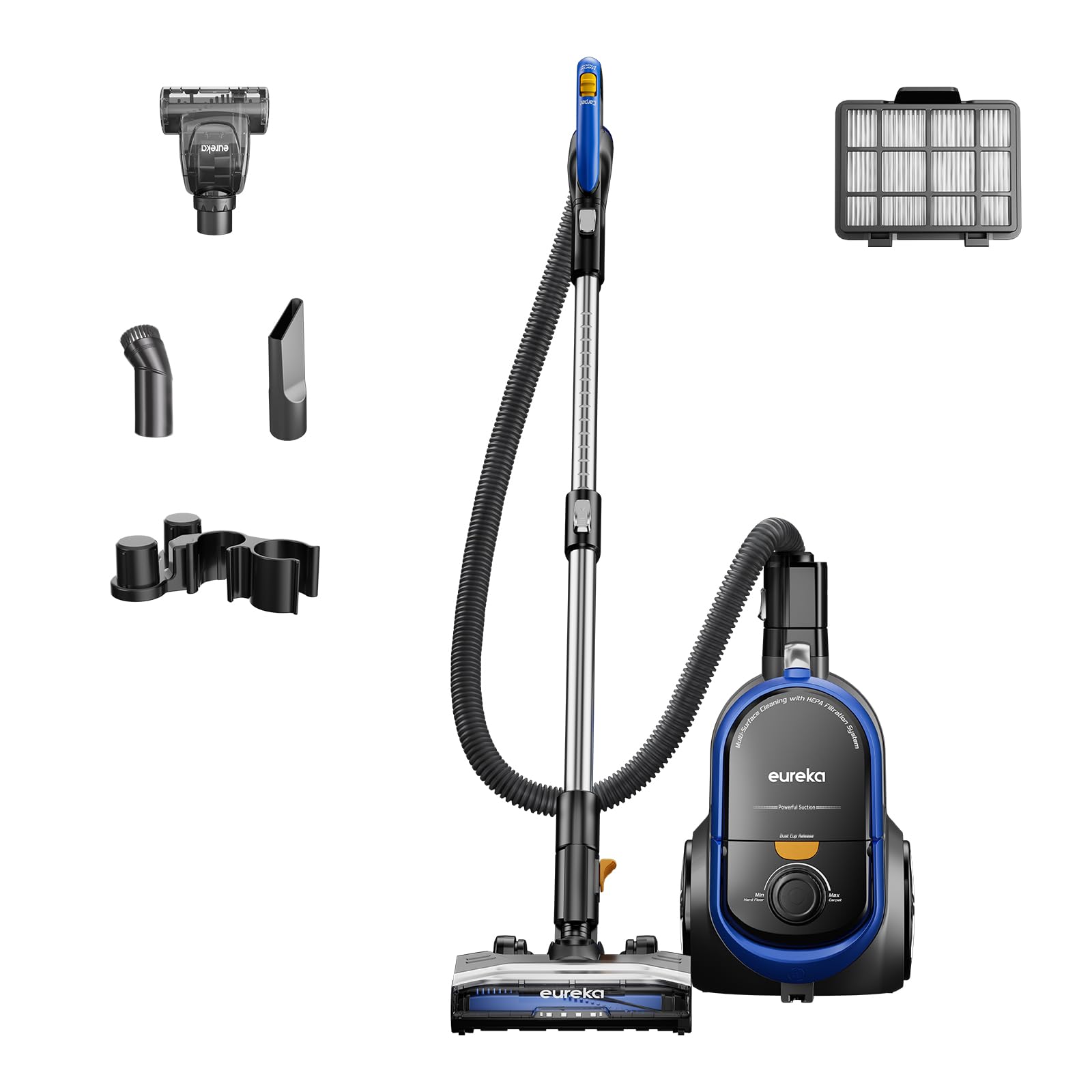 Eureka Bagless Canister Vacuum with Washable HEPA Filter, 16KPA Suction for Carpets/Hard Floors, Compact Design with 3 Cleaning Tools, 2-Motor Household Vacuum, Lightweight and Easy Maneuverable