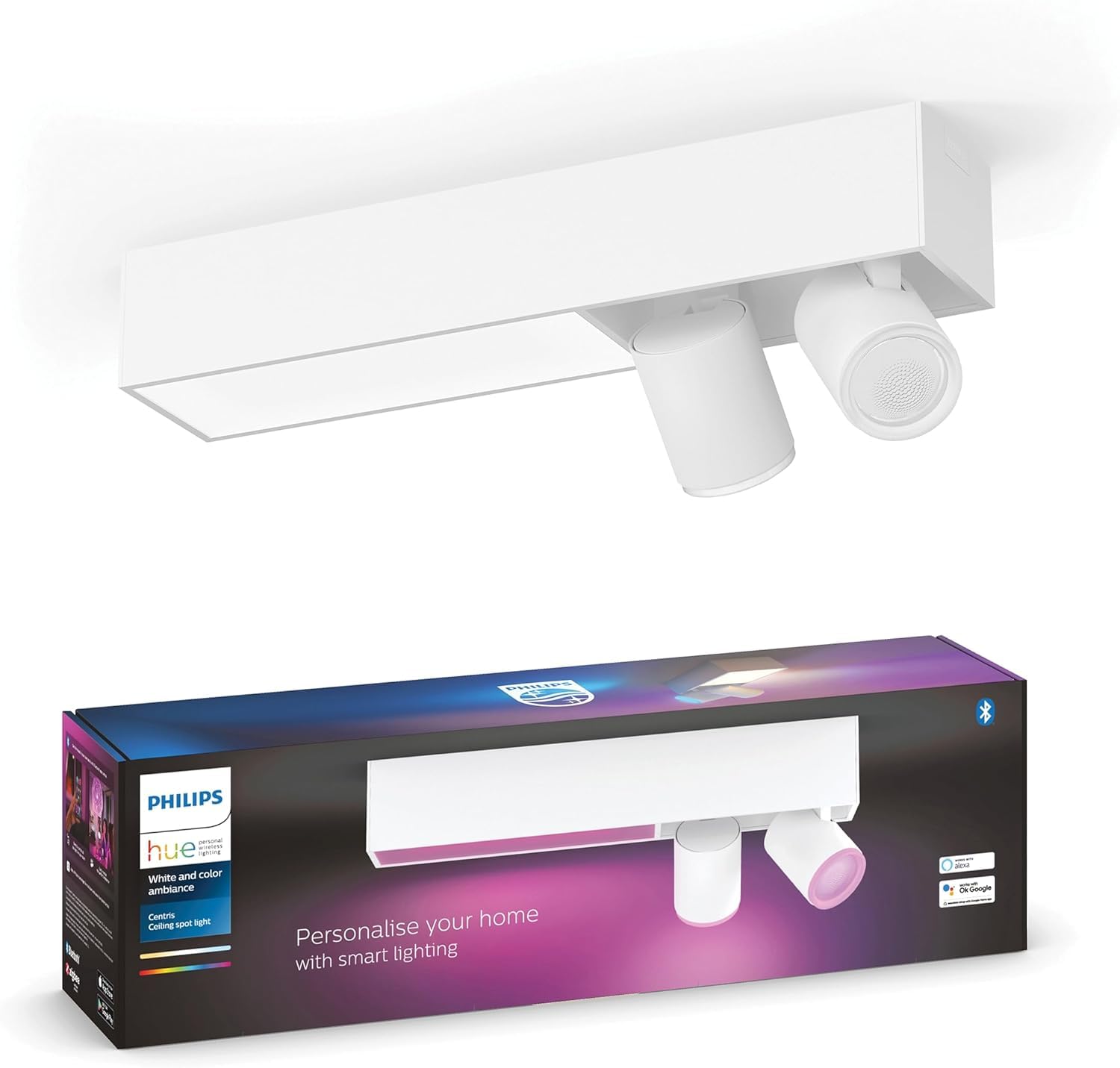 Philips Hue Centris Smart LED Ceiling Spotlight Fixture, White - White and Color Ambiance Color-Changing Light - 2 Lights - Control with App - Works with Alexa, Google Assistant, and Apple Homekit