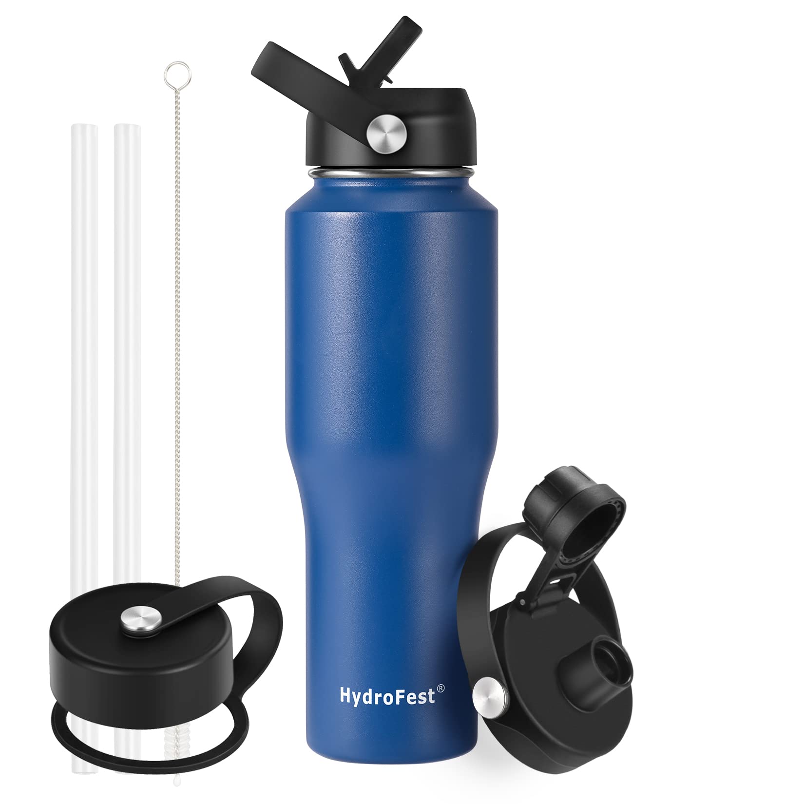 Insulated Water Bottle with Straw Lid, Blue Stainless Steel Water Bottle, 32 oz Travel Sports Water Bottle for Biking,Vacuum Double Walled Wide Mouth Leak Proof, Thermal Cup