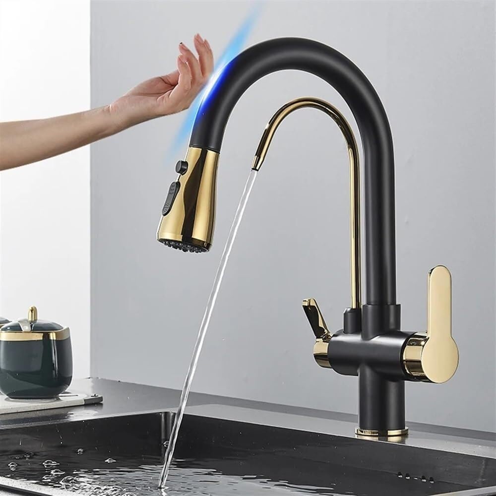 Gold Smart Sensor Kitchen Faucet, Dual Handle Filtered Cold & Hot Water Mixer, 2 Mode Spout Taps, Deck Mount, Pull-Down Kitchen Sink Tap(Black+Gold)