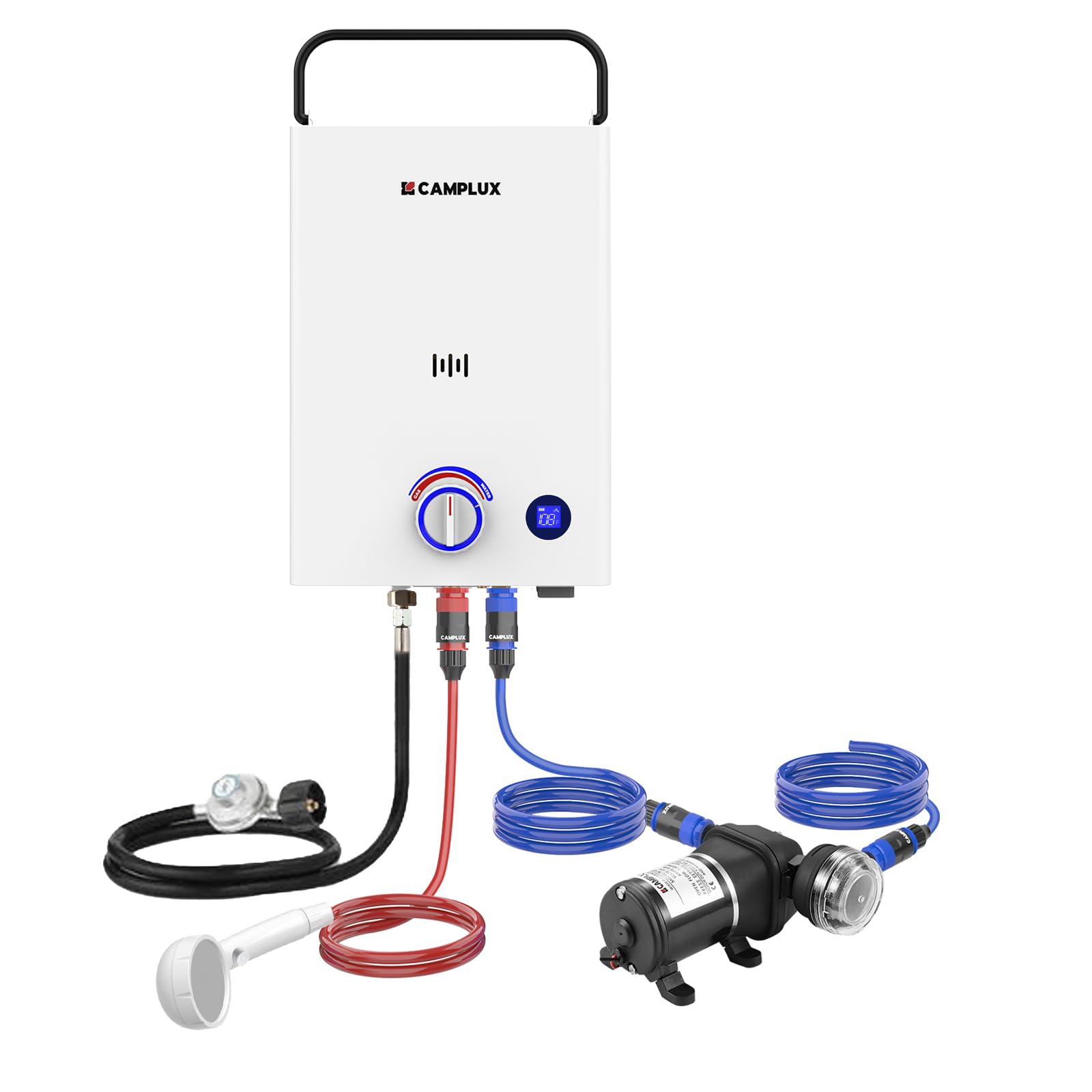 CAMPLUX Portable Tankless Water Heater with Pump F10 Pro, 2.64 GPM Propane Gas Water Heater with Pump Tank Pack Kits, Outdoor, Camping, First Series