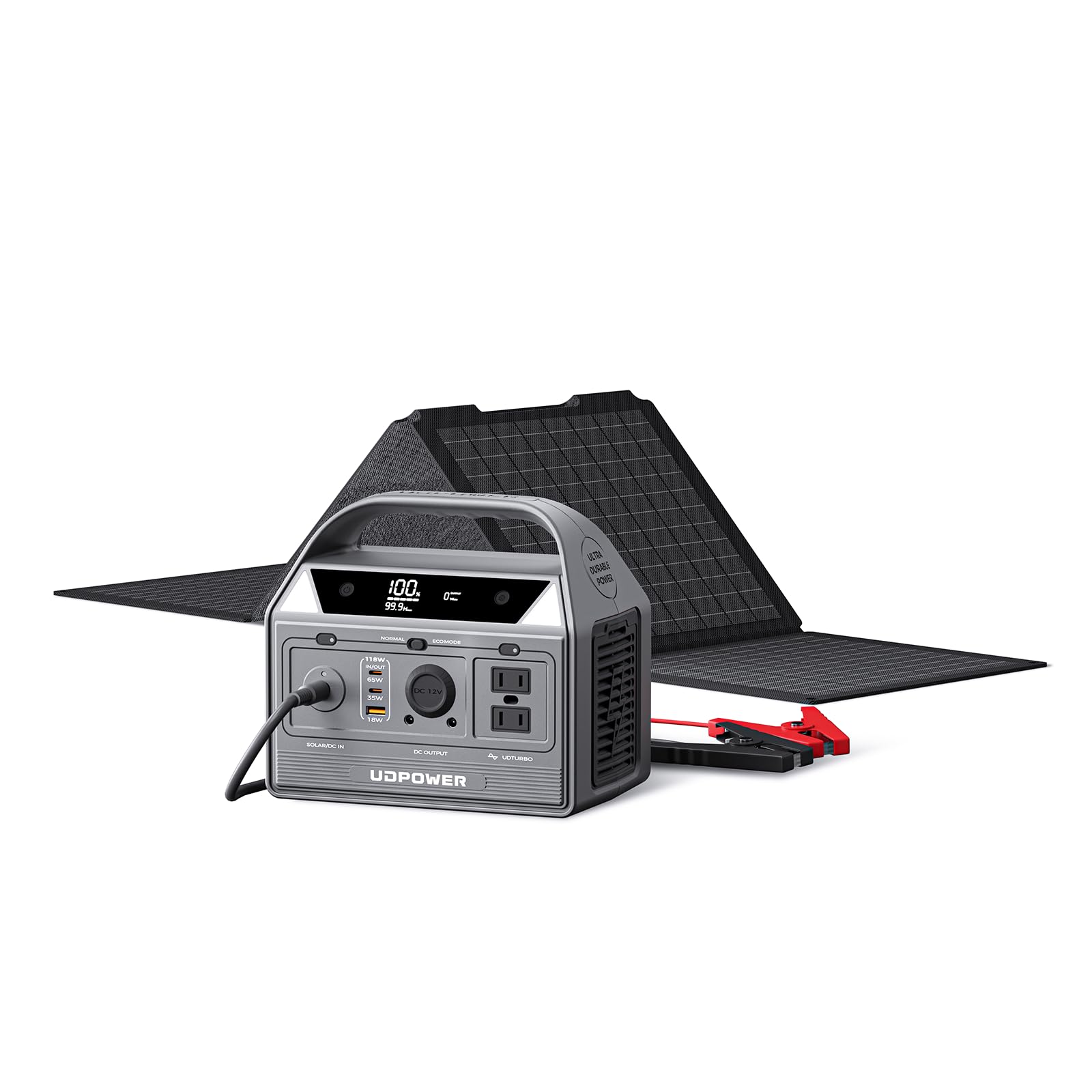 UDPOWER C400 Portable Power Station with Jump Starter & Folding Solar Panel - 400W (Surge 800W) AC Output, 256Wh LiFePO4 Battery, Solar Generator Kit for Camping, Travel, RV, Emergency Power Backup
