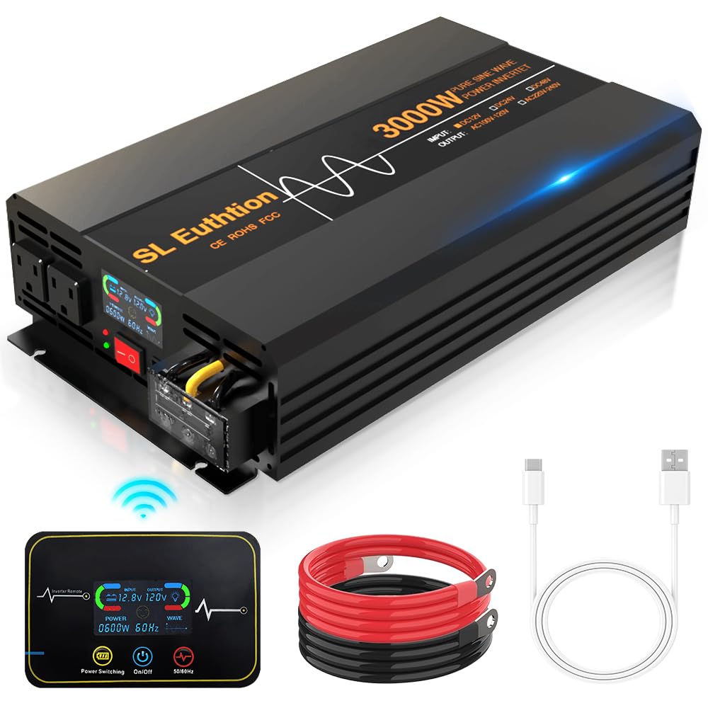 SL Euthtion 3000W/6000W(Peak) Pure Sine Wave Car Power Inverter 12V DC to 120V AC 60HZ with LCD Display, USB Port, Wireless Remote Control（10M) for Car Home Laptop Truck