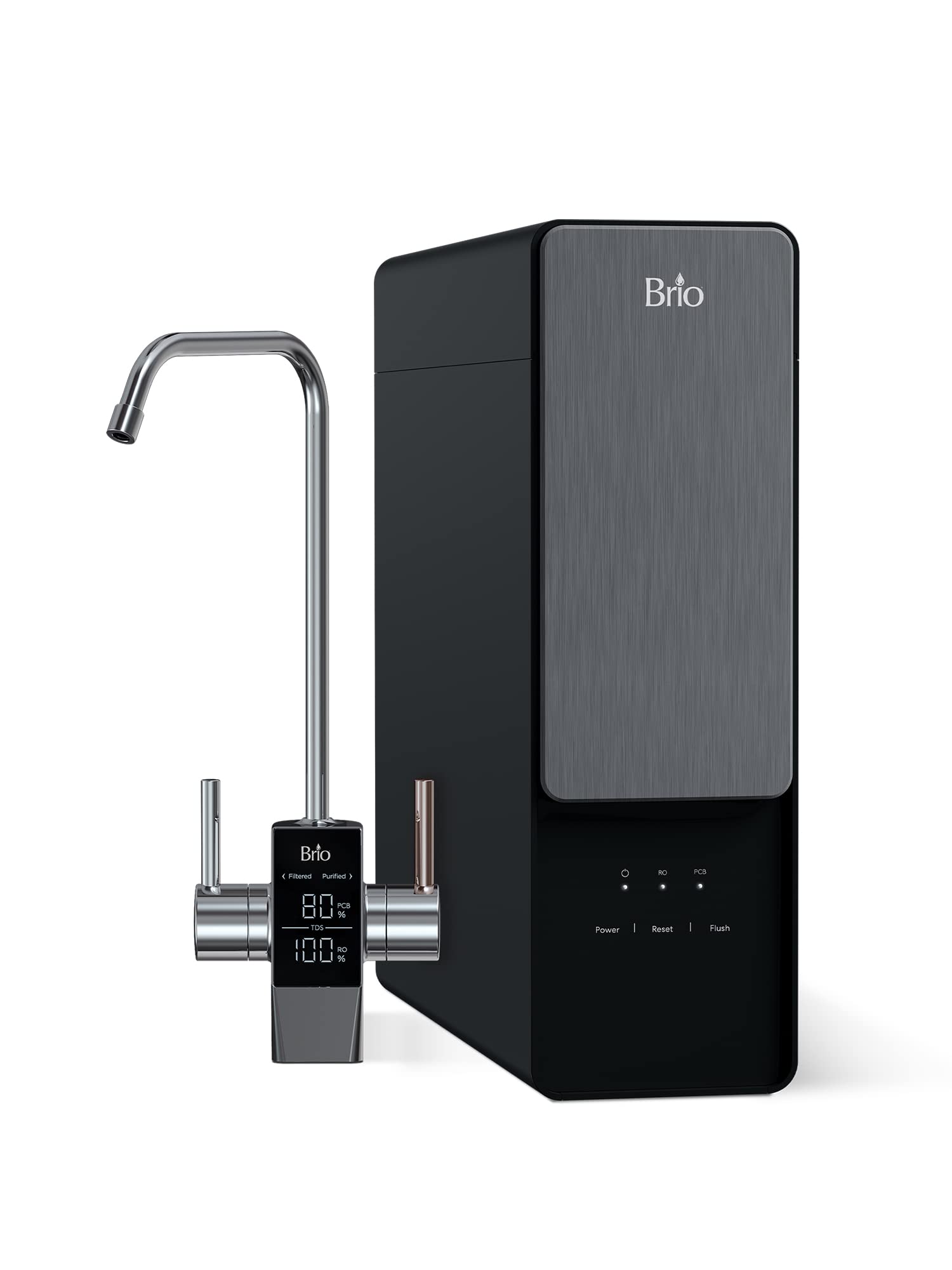 Brio AQUUS TROE800COL Reverse Osmosis Water Filtration System, 4-Stage Tankless RO Water Filter System for Under Sink, 800 GPD, 2:1 Pure to Drain, Reduces TDS, Smart Faucet, USA Support, Black/Silver