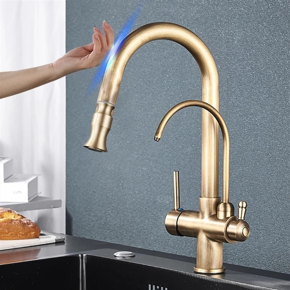 Gold Smart Sensor Kitchen Faucet, Dual Handle Filtered Cold & Hot Water Mixer, 2 Mode Spout Taps, Deck Mount, Pull-Down Kitchen Sink Tap(Antique Brass)
