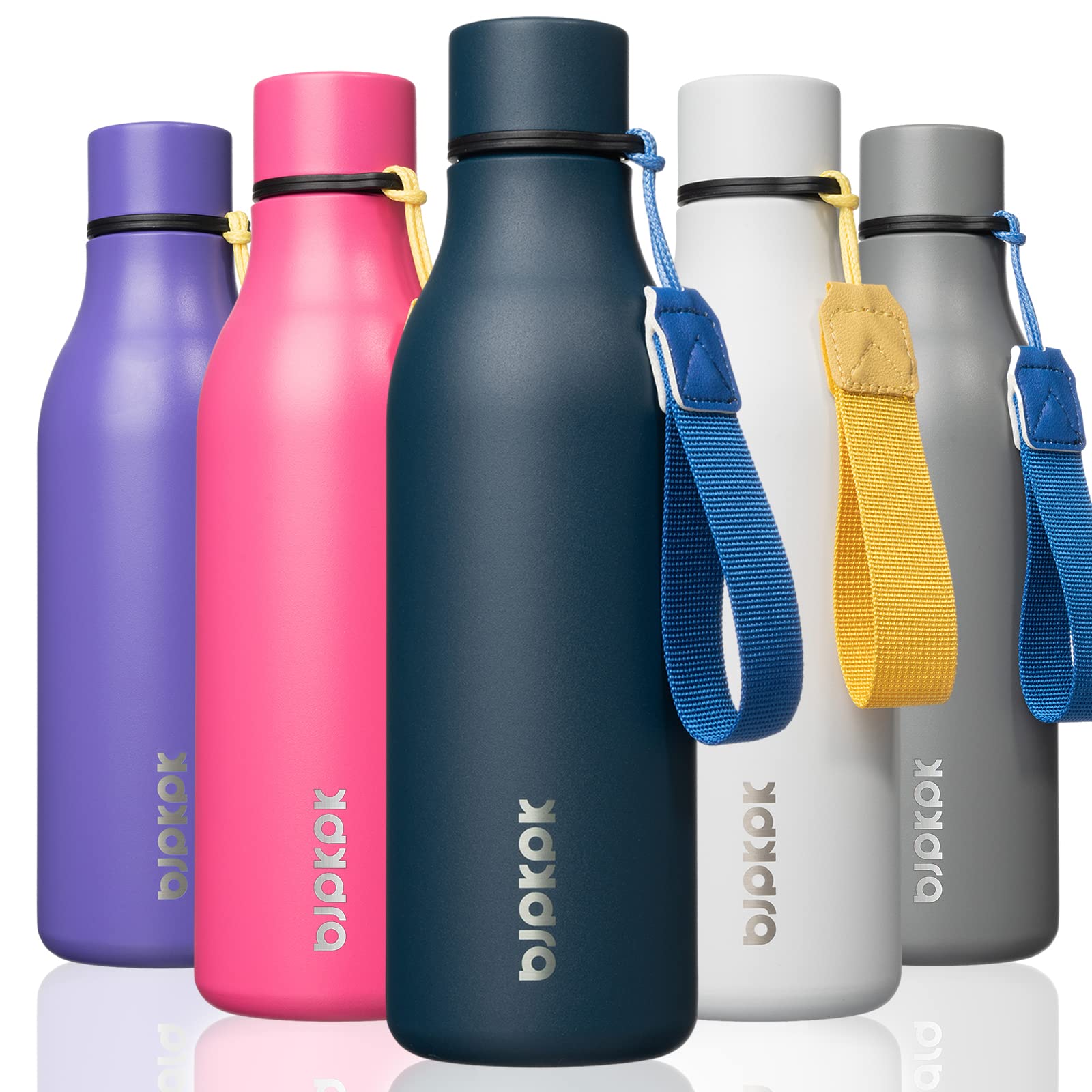 BJPKPK Insulated Water Bottles, 18 oz Stainless Steel Metal Water Bottle with Strap, BPA Free Leak Proof Thermos, Mugs, Flasks, Reusable Water Bottle for Sports & Travel, Navy Blue