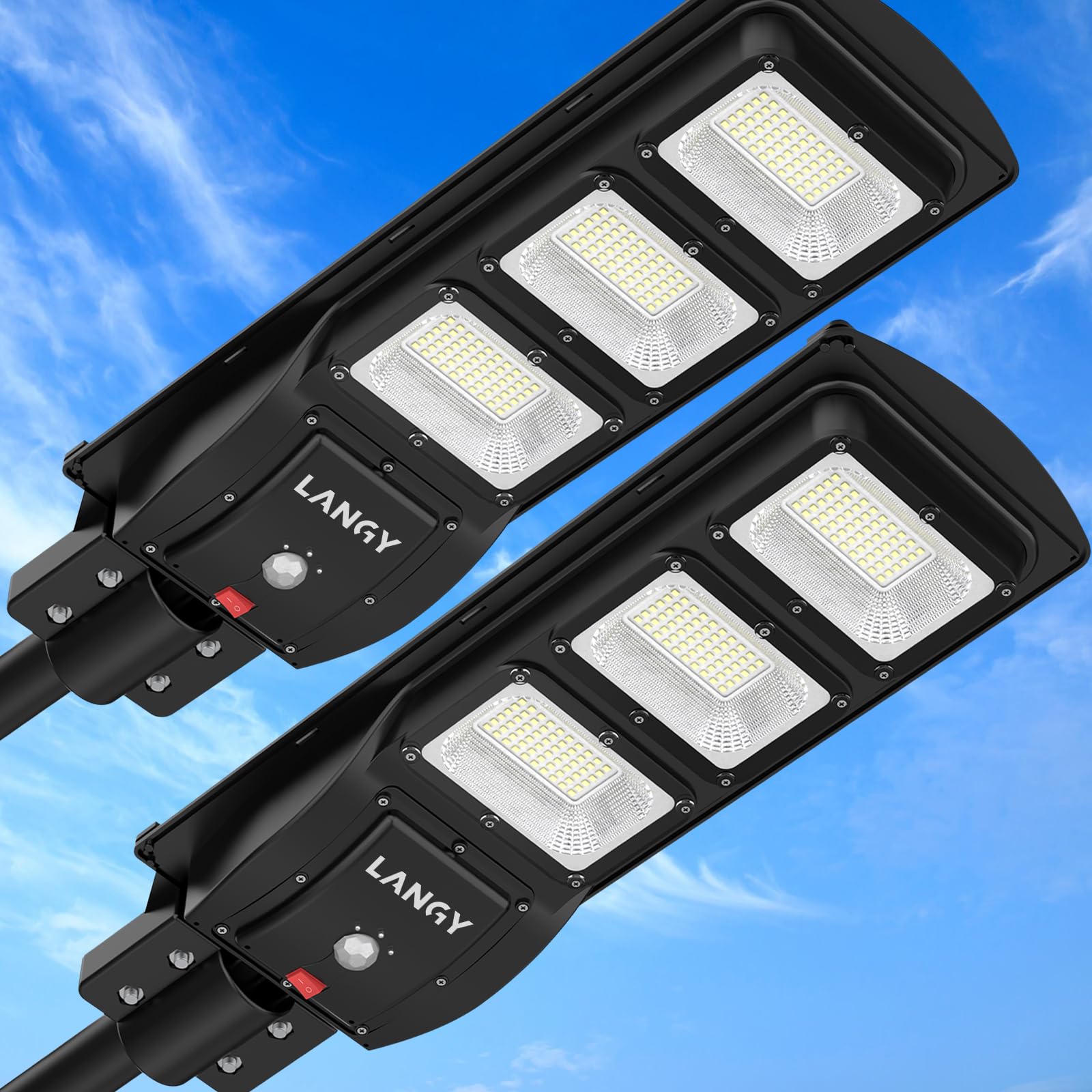 LANGY Solar Street Light Outdoor, Upgraded Solar Parking Lot Lights Dusk to Dawn, IP67 Waterproof 6500K 18000LM, Solar Street Light Motion Sensor with Remote Control for Commercial, Yard (2Pack)