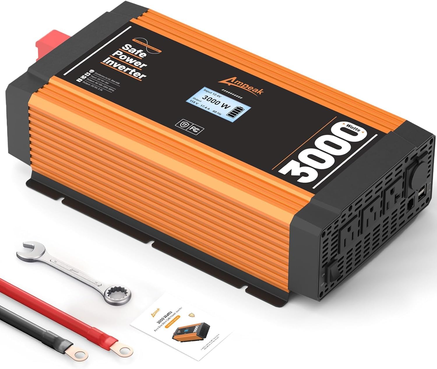Ampeak 3000Watt Peak Surge 6000Watt Pure Sine Wave Inverter 12V DC to 110V/120V AC for RV/Truck/Off-Grid Solar System Power Inverter with 1800W/2400W AC Outlets Dual 15W USB-A Ports