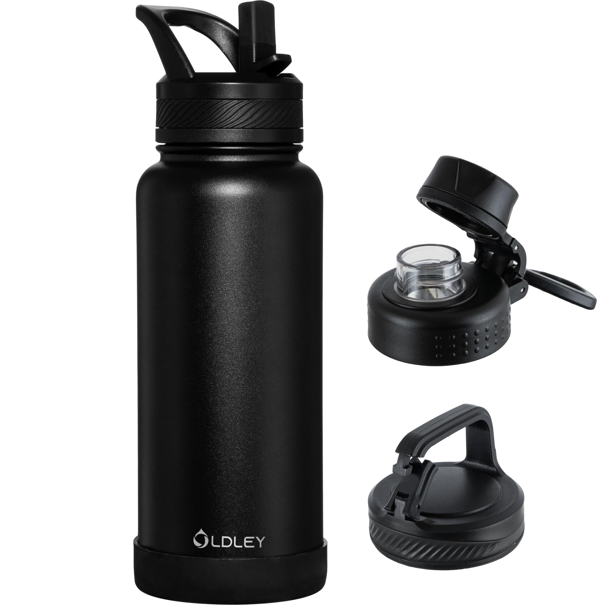 OLDLEY 32 oz Insulated Water Bottle With Straw, Stainless Steel Sports Water Cup Flask with 3 Lids(Straw, Spout and Handle Lid) Double Walled Travel Thermal Canteen Mug,Black